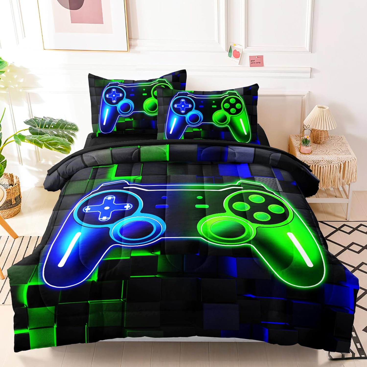 3 Pcs Gamer Full Bedding Set for Boys, Gaming Full Size Boys Comforter Set for Teens