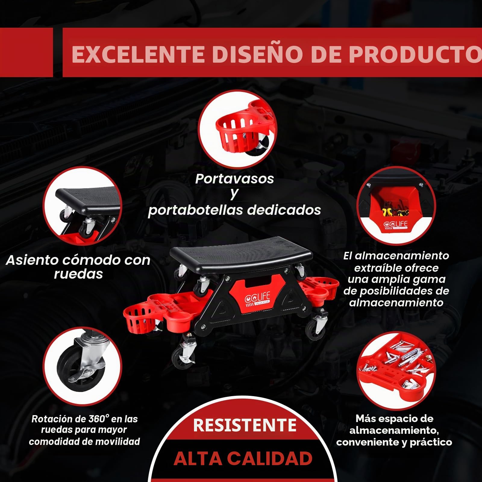 CCLIFE Taburete Mecánico con Ruedas, Asiento de Taller con Bandejas para Herramientas, Carga Máxima 180kg, Ideal para Reparación de Automóviles