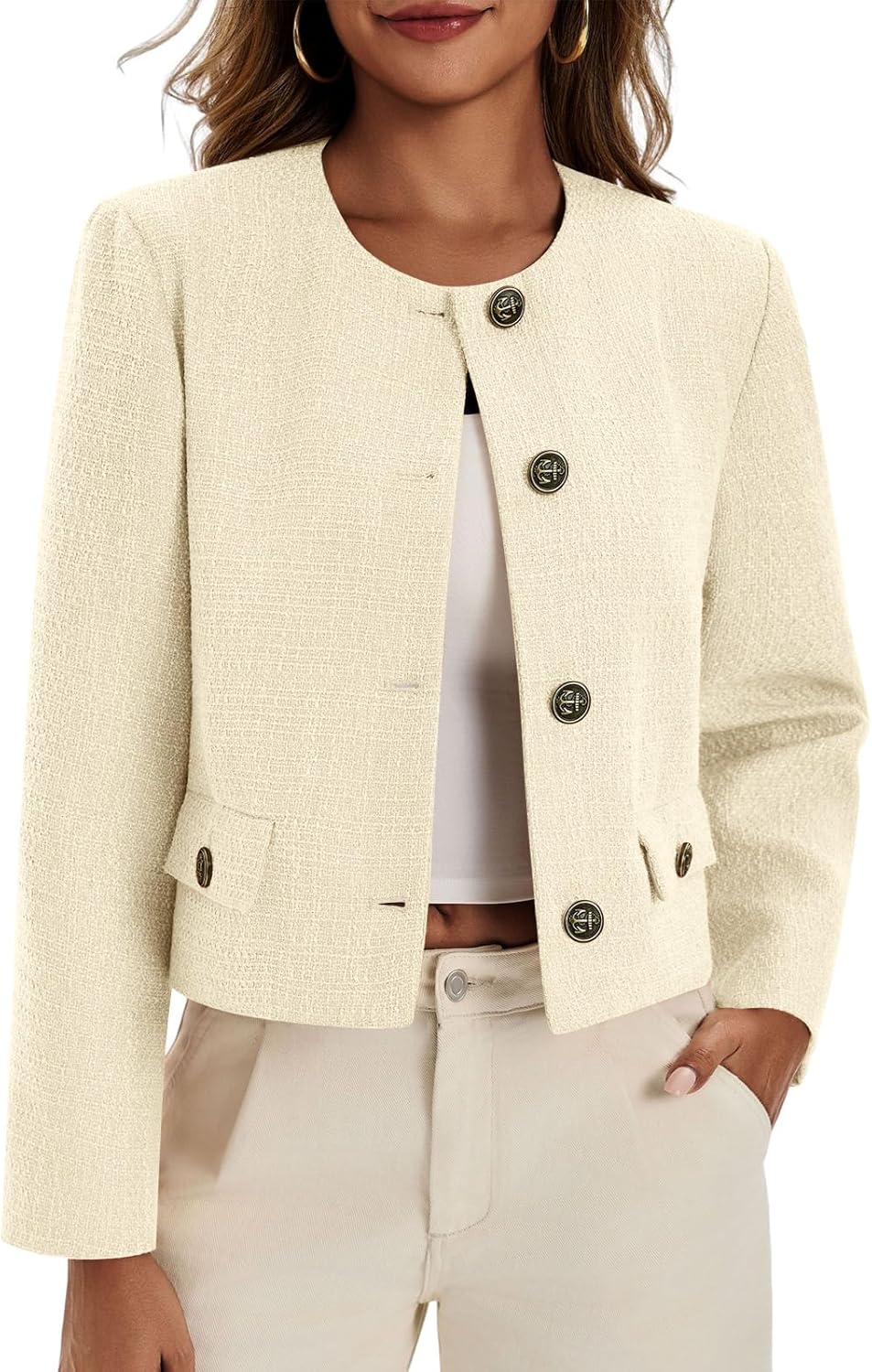 Cicy Bell Womens Cropped Tweed Blazer Collarless Button Down Bomber Jacket Business Casual Fall Outfits - Image 5