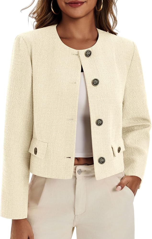 Cicy Bell Womens Cropped Tweed Blazer Collarless Button Down