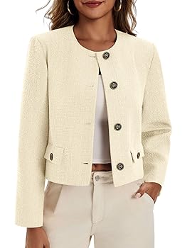 Cicy Bell Womens Cropped Tweed Blazer Collarless Button Down