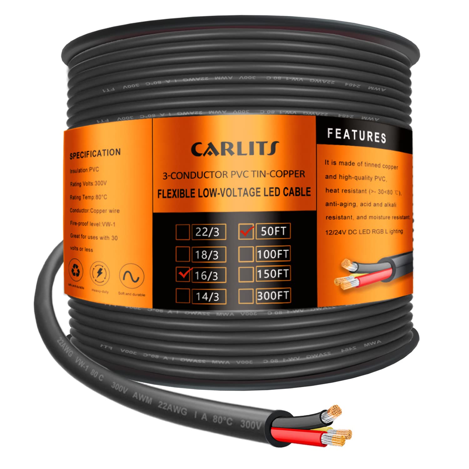 CARLITS 16 Gauge 3 Conductor Electrical Wire, 50FT 16 AWG Stranded Low Voltage 16/3 Cable Tinned Copper, Flexible Extension Power Cord for LED Lamp