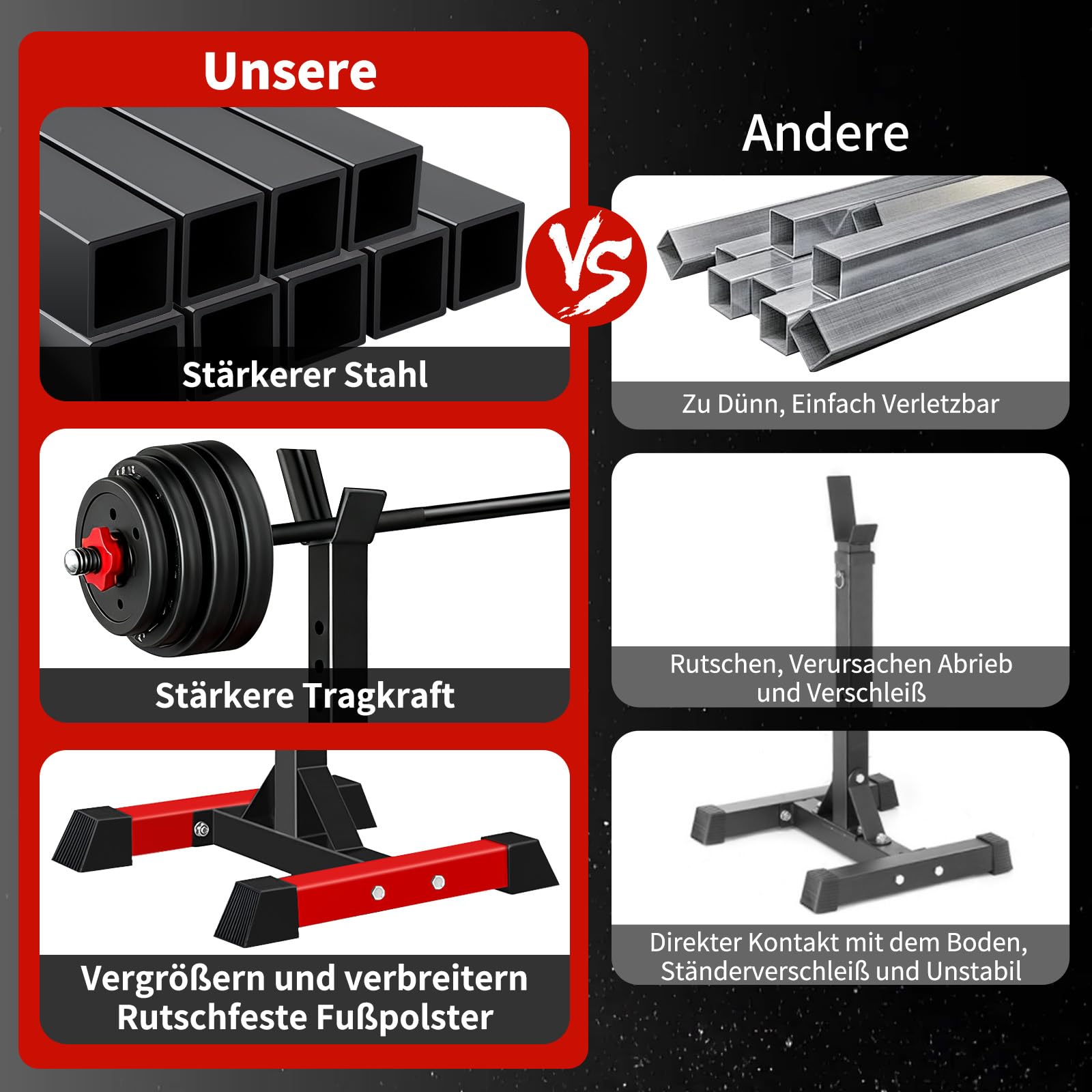 ISE Squat Rack Hantelständer mit 6 Höhenverstellbar Langhantelständer, Langhantelablage 2 Einzelnen Ständern,Max. bis 200KG, Kniebeugenständer, Langhantel Ständer für Sportstudio Zuhause