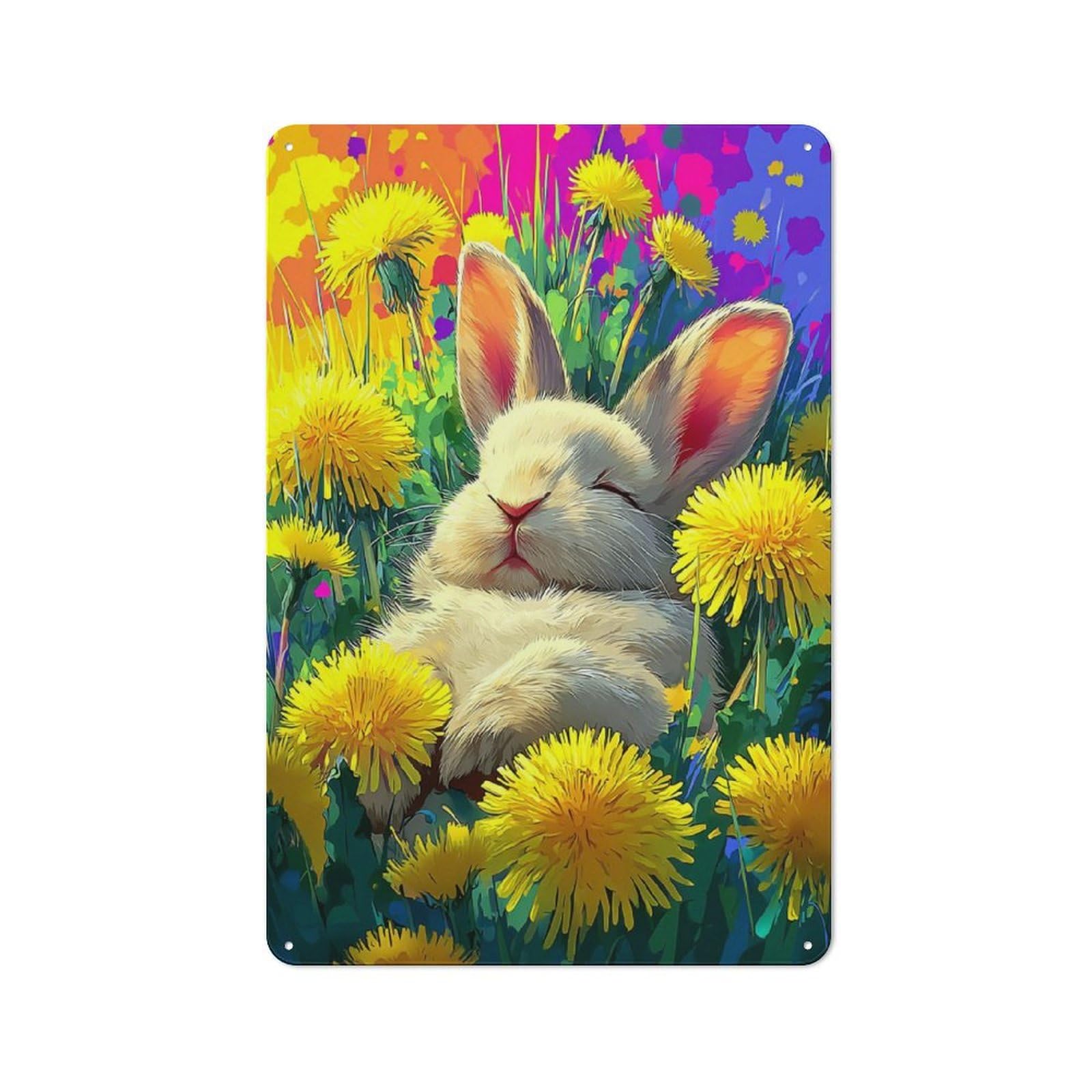 Junmoney Sleeping Bunny In Dandelion Field -5 Decorative Tin Sign With Design 30X20cm, Farmhouse Cottage Wall Art For Farmhouse Kitchen, Pantry Or Dining Area