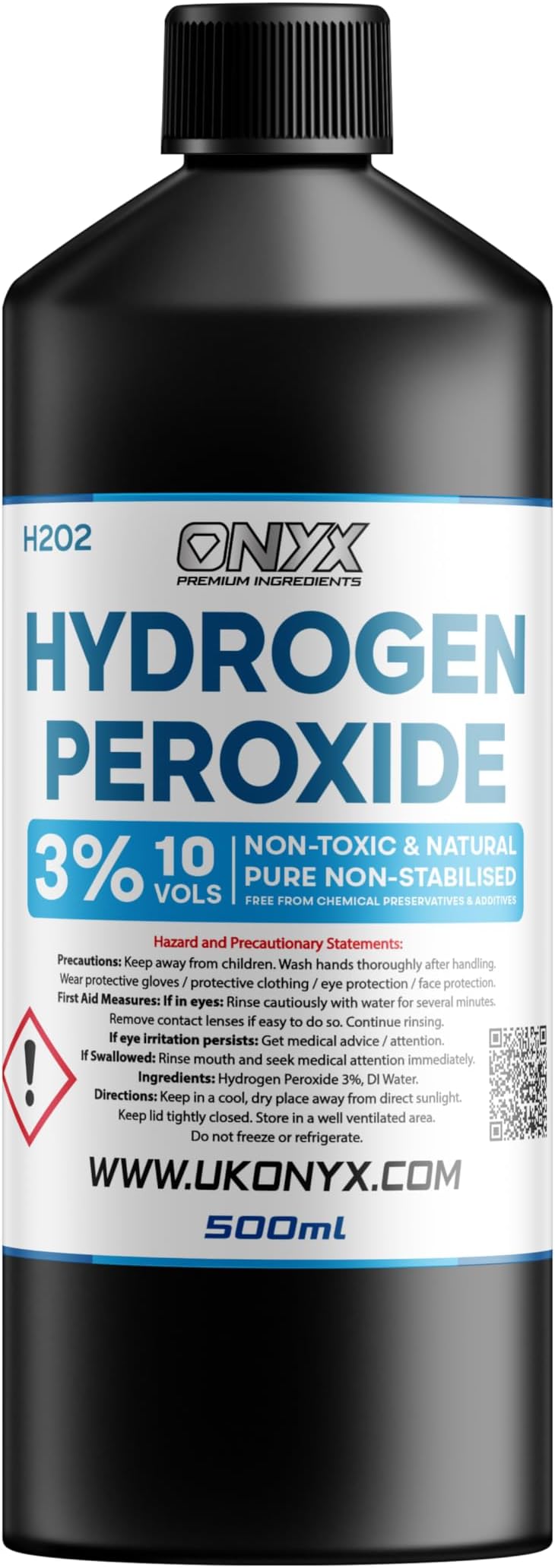 ONYX Hydrogen Peroxide 3% 500ml Purest Grade - Unstabilized and Additive Free, Multi-Purpose Cleaner/Mold remover - Food Grade - 10 Vols (0.5L)