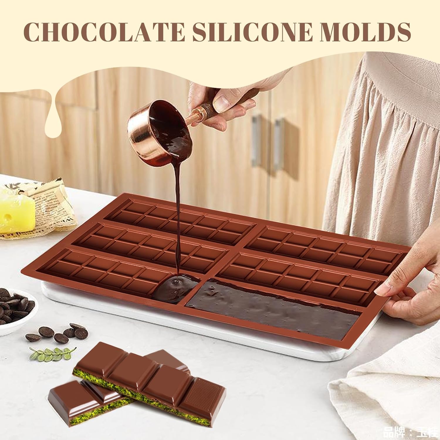 2 Pack Chocolate Bar Mold Deep for Stuffed Bar, Non-Stick Thick Chocolate Molds, Silicone Chocolate Candy Molds for Knafeh Pistachio Chocolate Bar, Candy, DIY Handmade Gifts (5 Snap+10 Snap) - Image 3