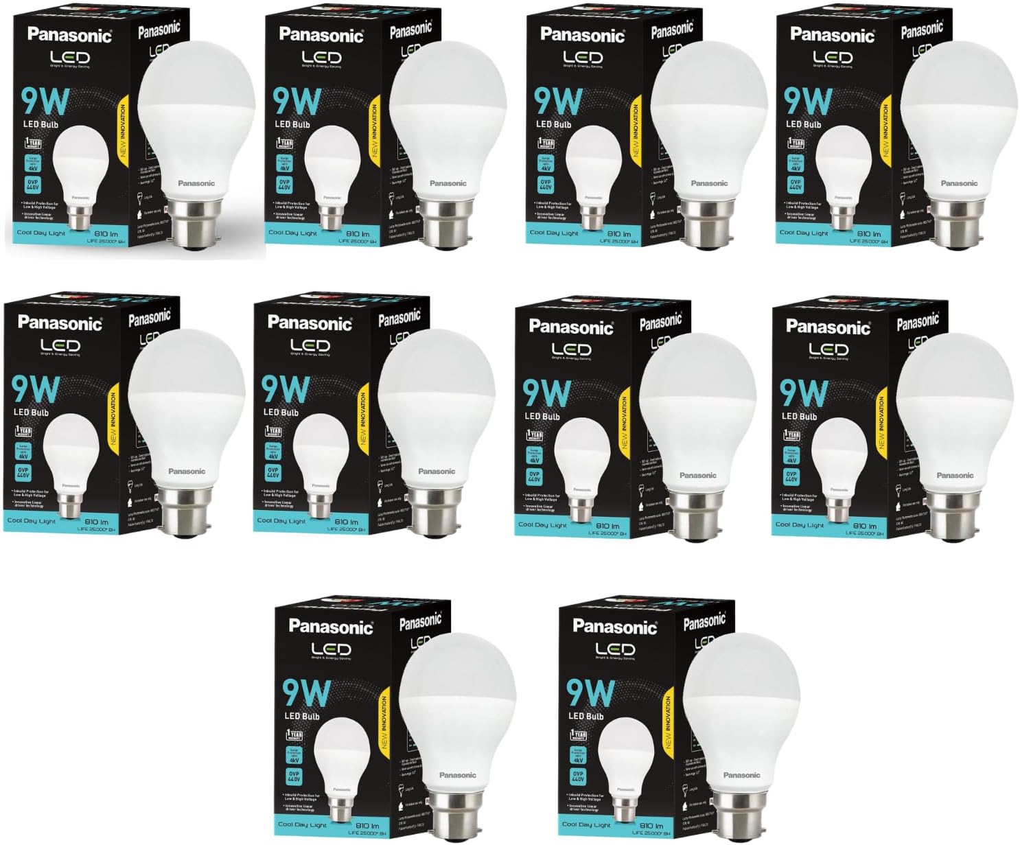 9 Watt LED Bulb, B22 Base 9W Bulb Light For Home, 25000+ BH with 1 Year Warranty, 6500K Cool Day Bulb (Pack of 10)