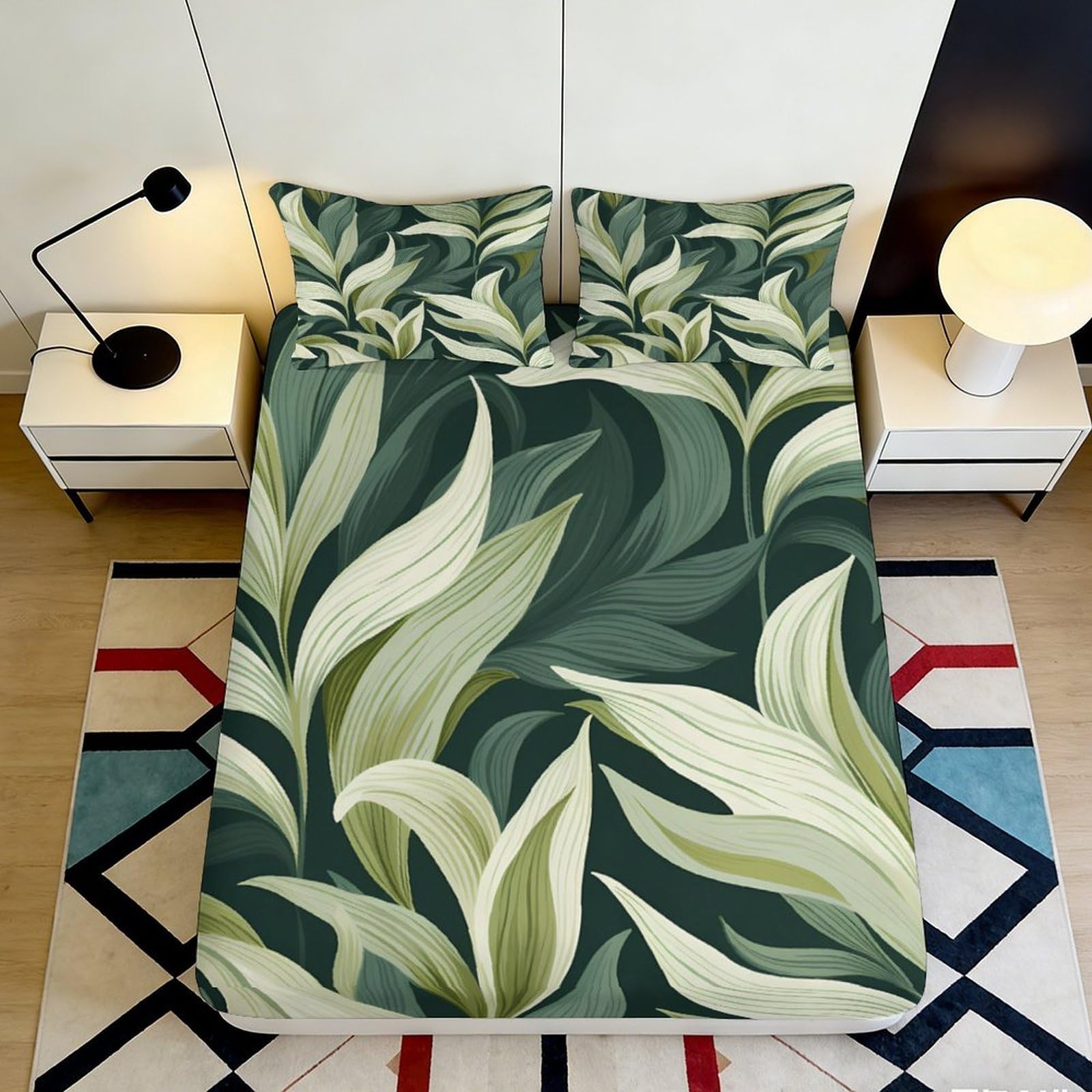 3D Printed Tropical Leaf Fitted Sheet Microfiber Soft Green Botanical Bed Cover for Bedroom Guestroom Mattress Protection 90x200x25cm