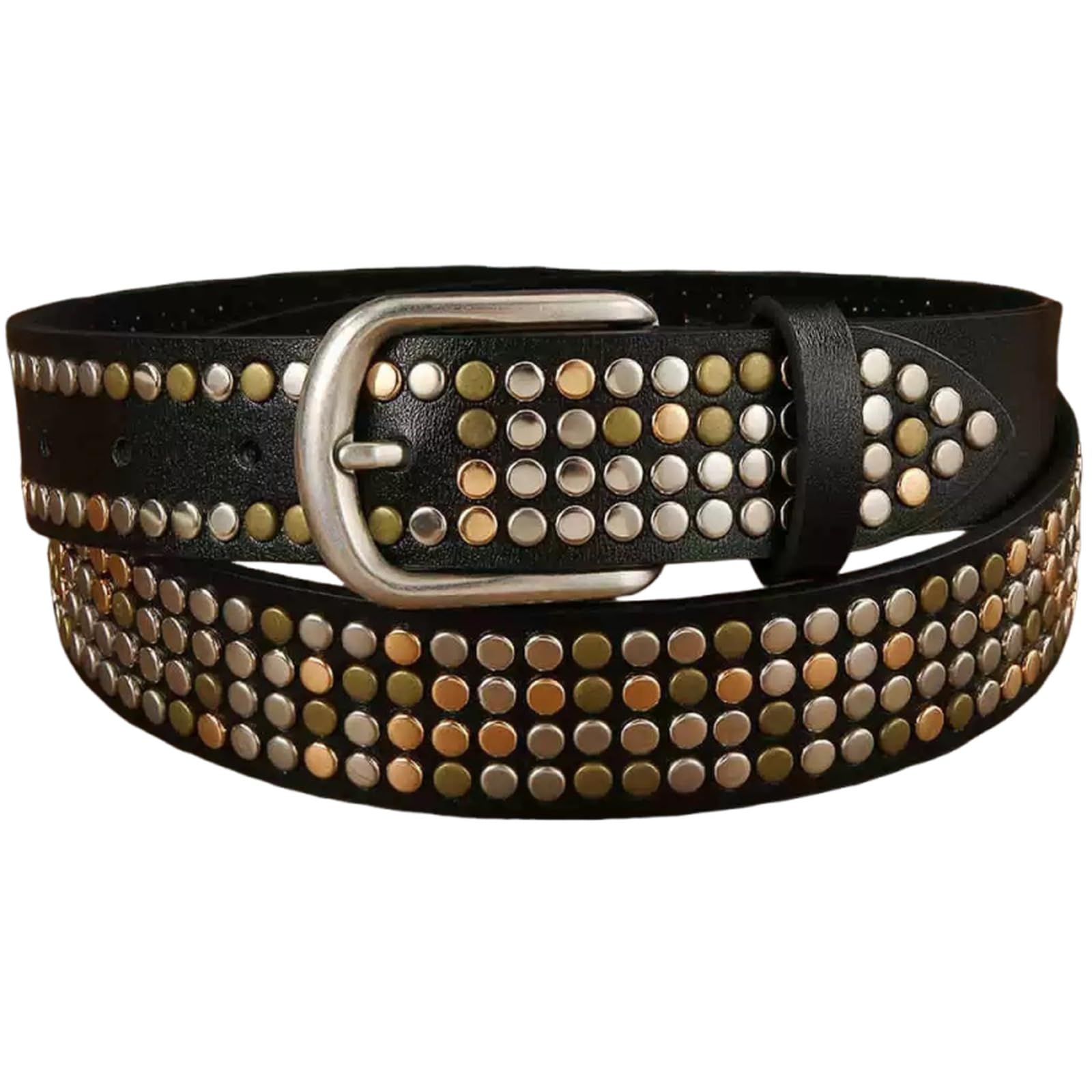 AGUTALITHIC Faux Leather Studded Belt with Prong Buckle Vintage Unisex Punk Irregular Metal Rivet Strap for Jeans Pants Dress(120cm/47, Black)