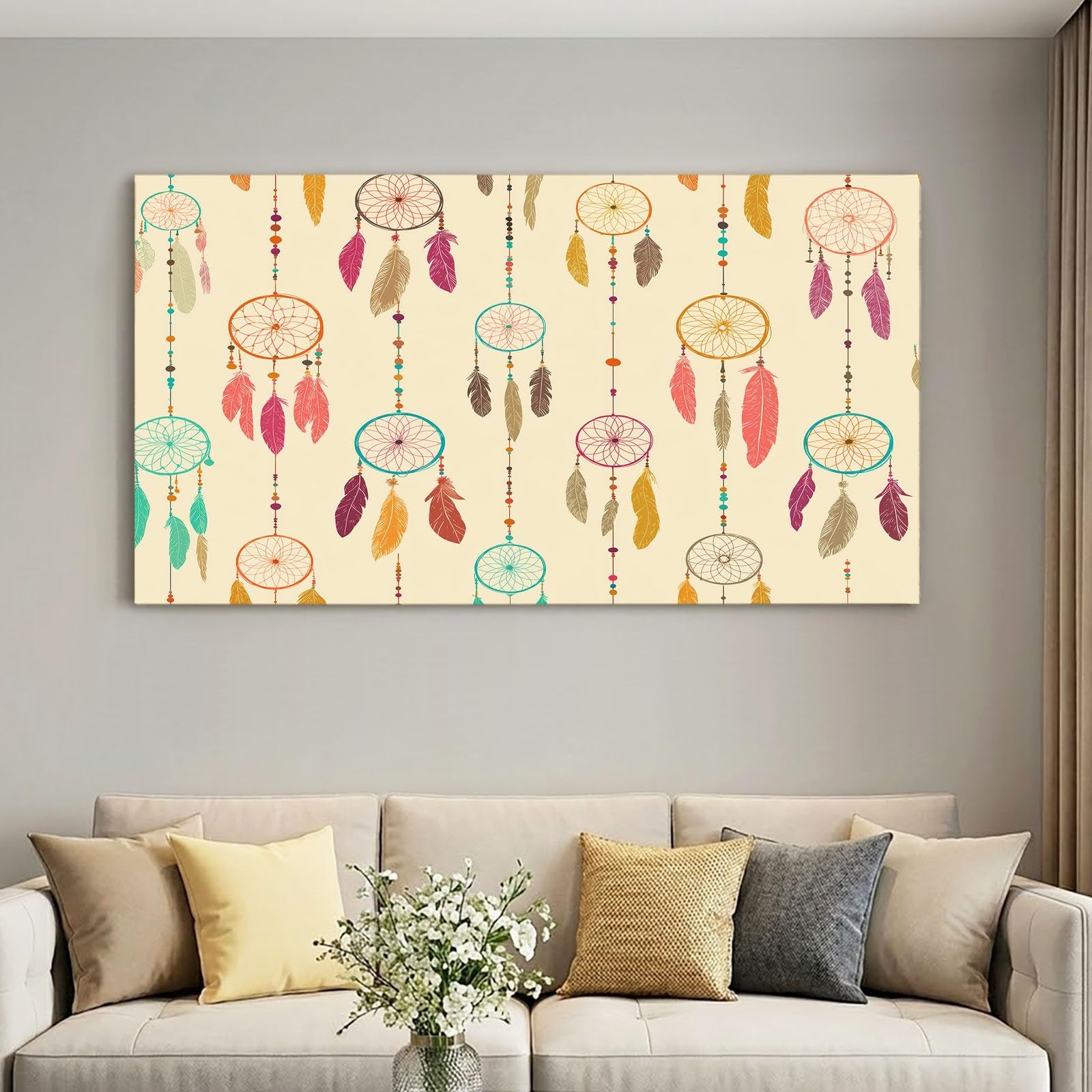 Leinwandbild 90 x 60 cm Wandbild Böhmisch - Bild auf Leinwand mit Braun Traumfänger Federn, Wanddeko für Wohnzimmer, Schlafzimmer, Büro Deko Zimmer