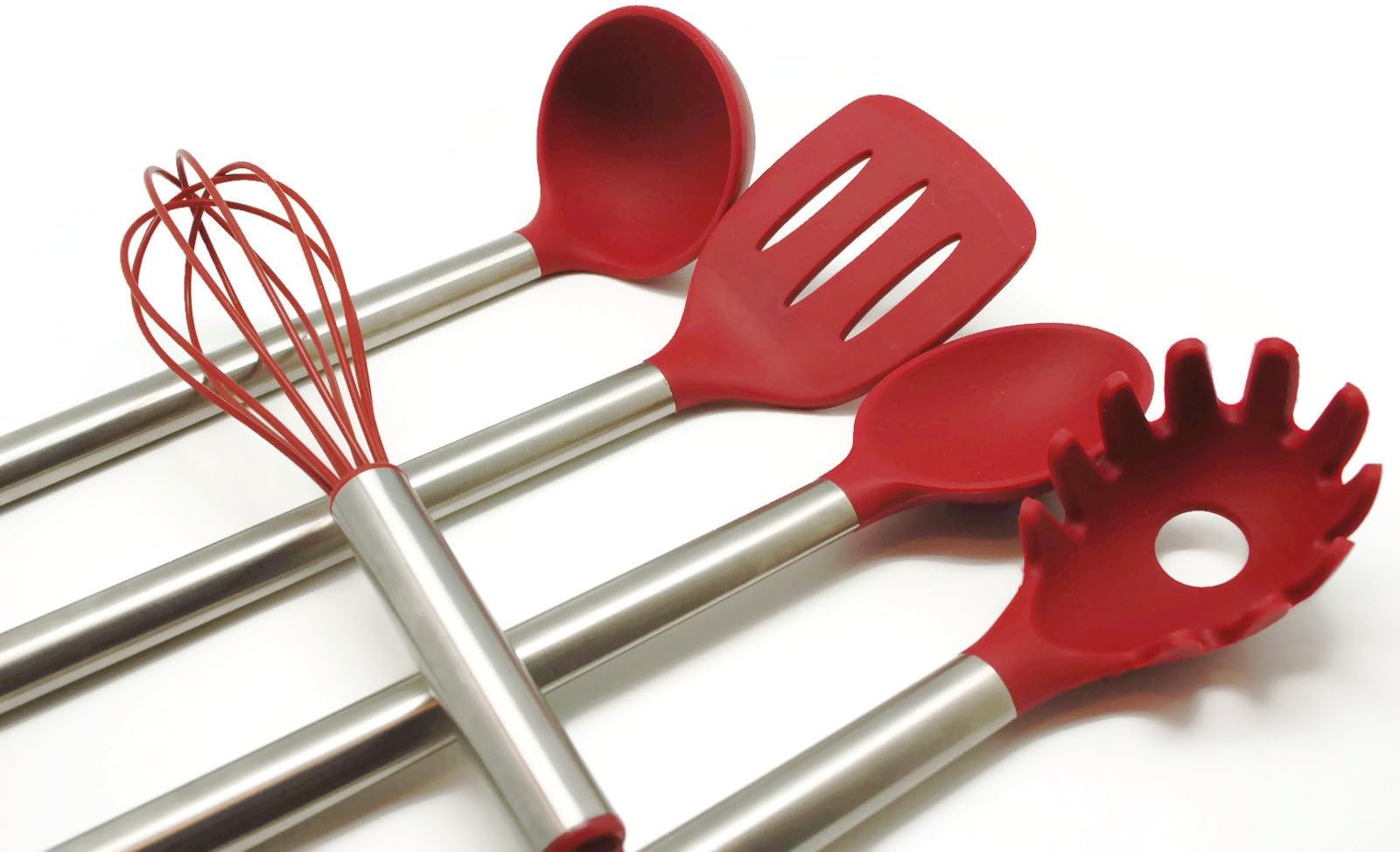 Kitchen Utensils Set -Silicone & Stainless Steel Multipurpose Cooking Set - 5 pieces-Burgundy Color – Includes Bonus Juice Extractor /Squeezer and eBook with Recipes