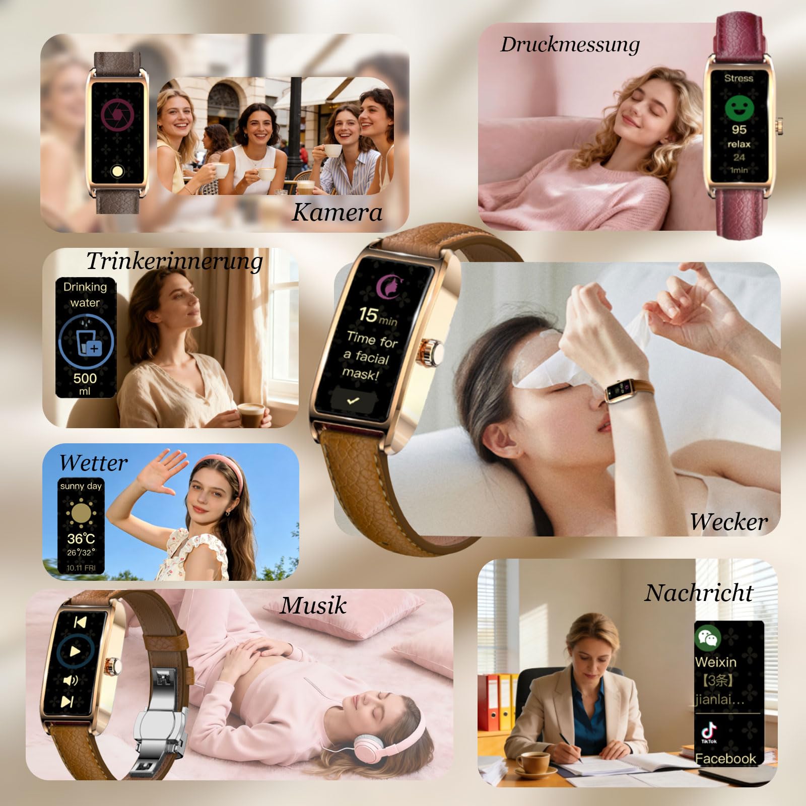 findtime Fitness Tracker Damen Schmal Elegant Luxuriös Classic Smartwatch Damenuhr Fitnessuhr für Frauen Aktivitätstracker Pulsuhr Sportuhr mit Herzfrequenz Schlafmonitor Schrittzähler Rechteckig Rot