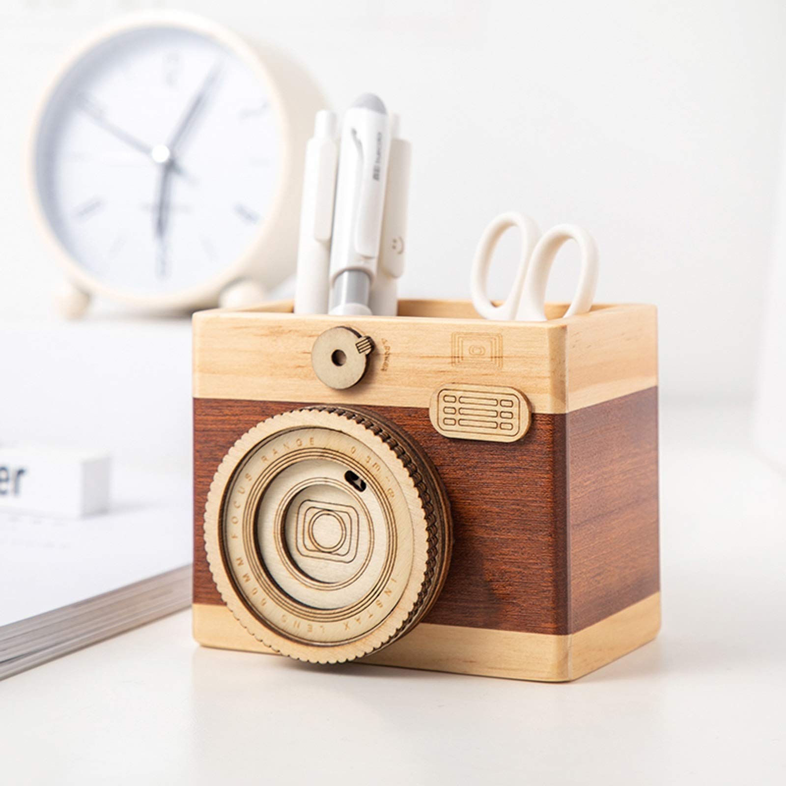 Kwadratowy uchwyt na ołówek ołówek ołówek uchwyt biurowy organizer na biurko Vintage Camera Camera, świetny prezent dla fotografów i studentów Bj: 12,3 cm Bj: Materiały Materiały