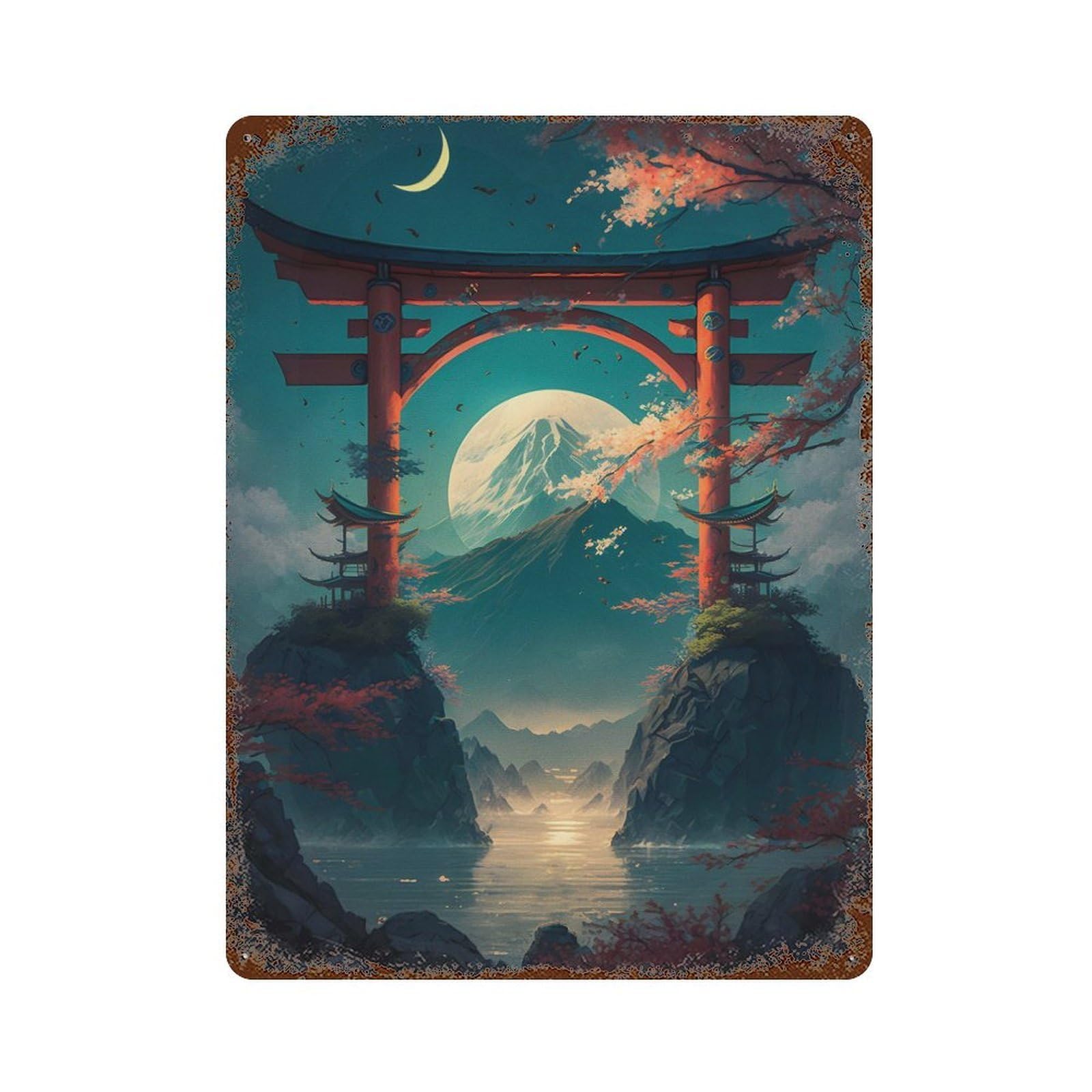 Torii Gate And Fuji Maunt Vintage Rust Metal Sign 15.7"x11.8", for Basement, Hobby Room And Garage Decor, Farmhouse Wall Decor