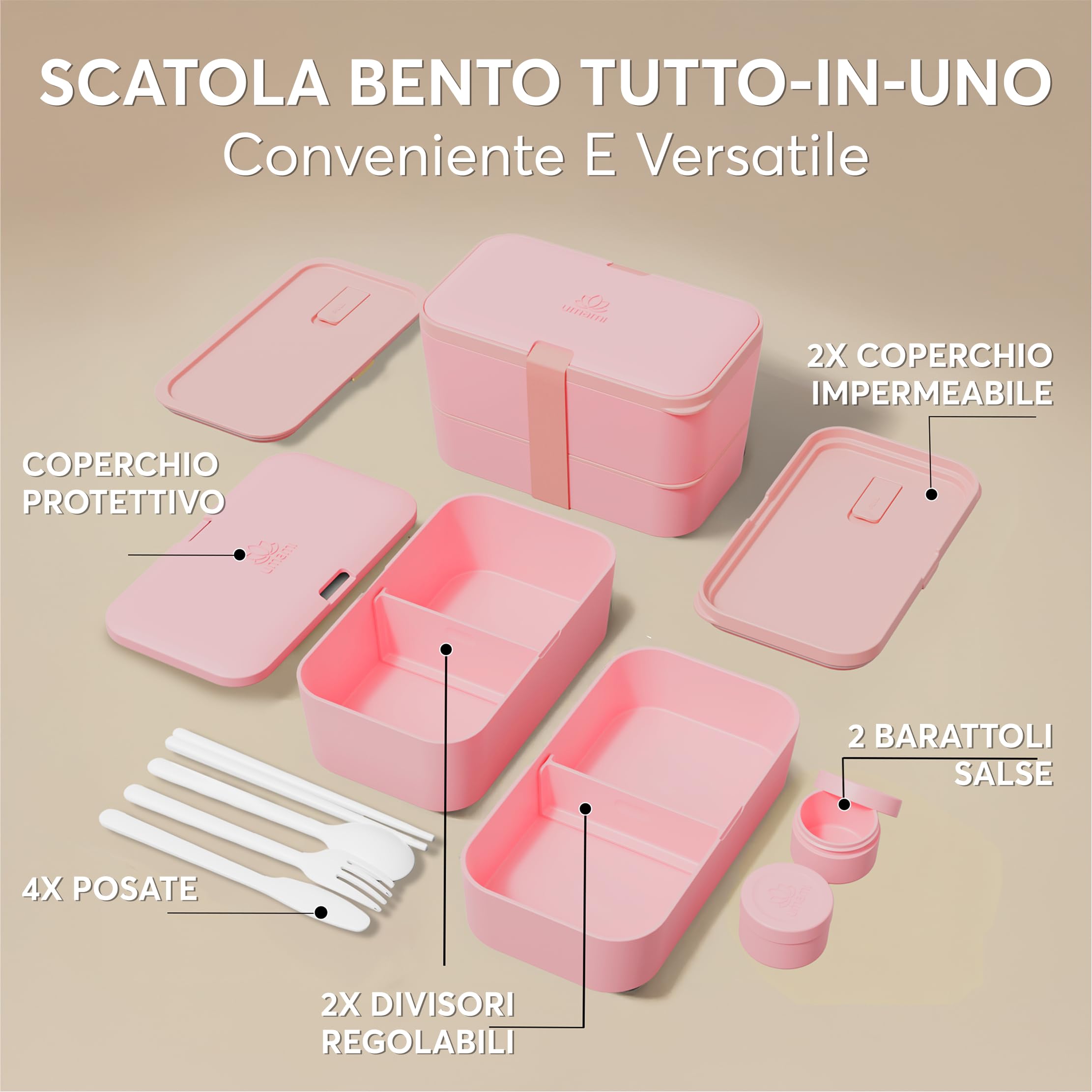 Umami Porta Pranzo Lunch Box Ermetico 4 Scomparti e Posate, Sicuro per Microonde Lavastoviglie, Portapranzo Ufficio Bento Lunchbox Prova di Perdite per Adulti Schiscetta Pranzo Verde Naturale, 1200 ml