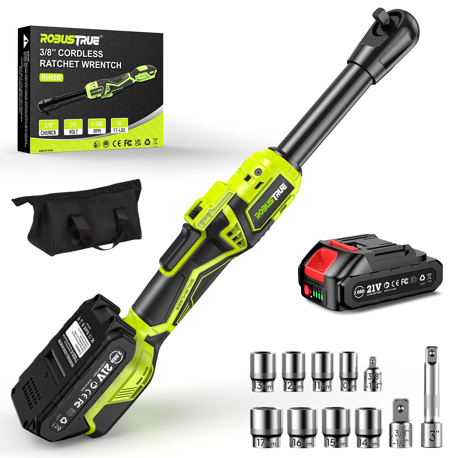 3/8" Cordless Ratchet Wrench: 58Ft-lbs (80N.m) 400RPM Light Weight Electric Ratchet, 6'' Extended Neck, 1x2.0Ah Battery, 8 Sockets, 3" Extension Bar, LED Light (RH80B)