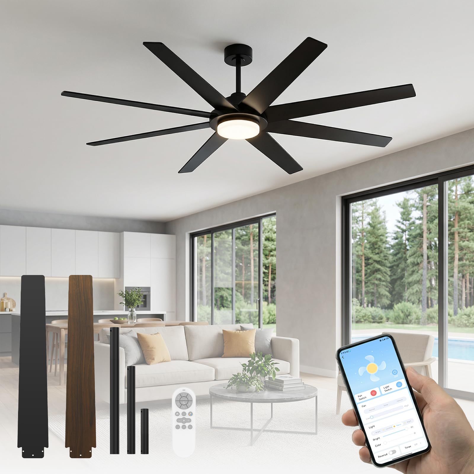 Photo 1 of ***NO BLADES, FOR PARTS*** Homzuri 72 Inch Ceiling Fans with Lights, Large Ceiling fan with Light and Remote/APP Control, 3CCT, Dimmable, Noiseless DC Reversible Motor, 8 Blades Black Ceiling Fan for Bedroom Living Room Outdoor