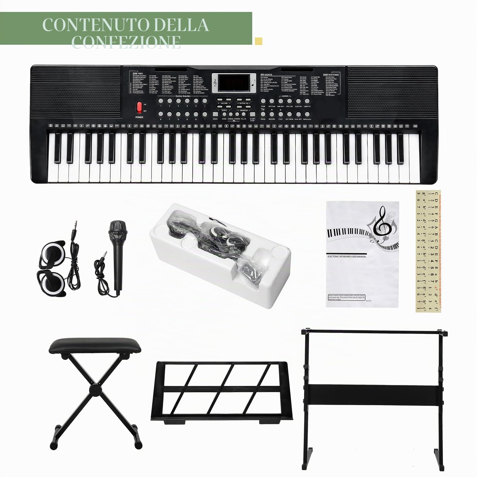 LEADZM Keyboard Piano a 61 tasti, pianoforte digitale con supporto per tastiera, banco per pianoforte, leggio per spartiti, cuffie, microfono, schermo LED, 3 modalità di apprendimento per principianti