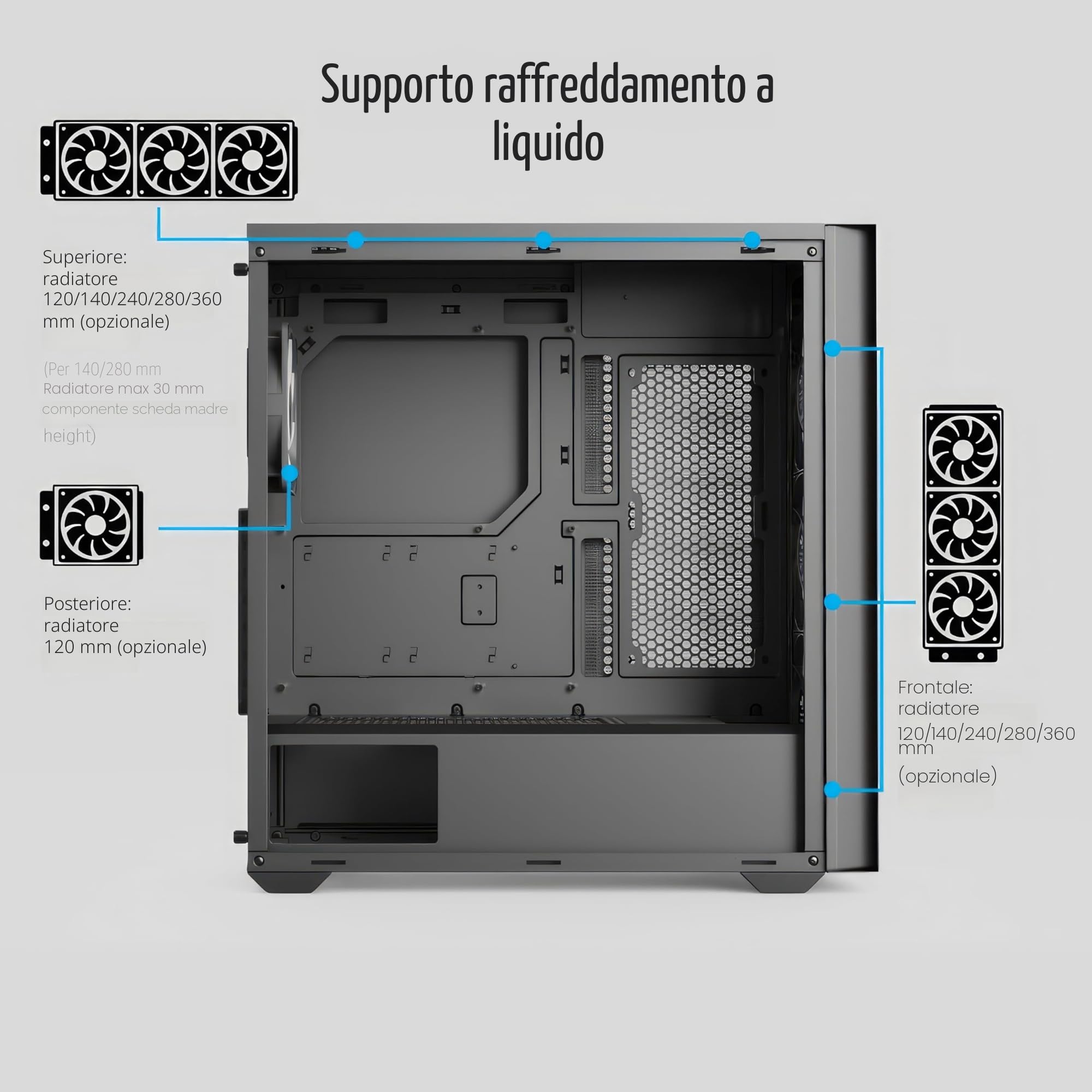 AeroCool Custodia Mid Tower D502A, pannello frontale in rete, supporto radiatore da 360 mm, 11 slot per ventole, GPU 400 mm, ATX/m-ATX/mini-ITX, filtri antipolvere magnetici, struttura in acciaio SPCC