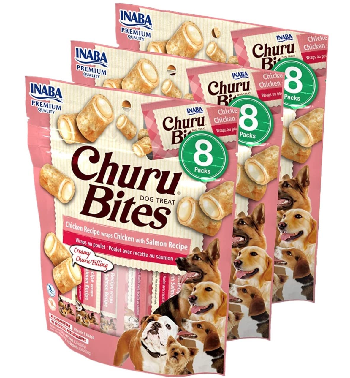 INABA Churu Bites for Dogs, Grain-Free, Soft/Chewy Baked Chicken Wrapped Churu Filled Dog Treats, 0.42 Ounces Each Tube | 24 Tubes Total, Chicken with