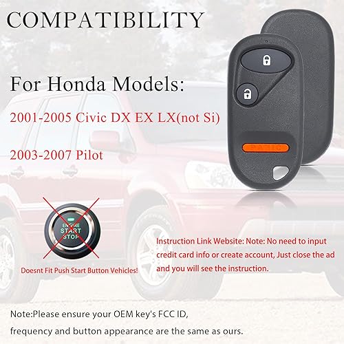 Miniatura 3 de Control remoto de repuesto para Honda Civic 2001 2002 2003 2004 2005  Honda Pilot 2003 2004 2005 2006 2007 NHVWB1U523  NHVWB1U521 Control remoto de