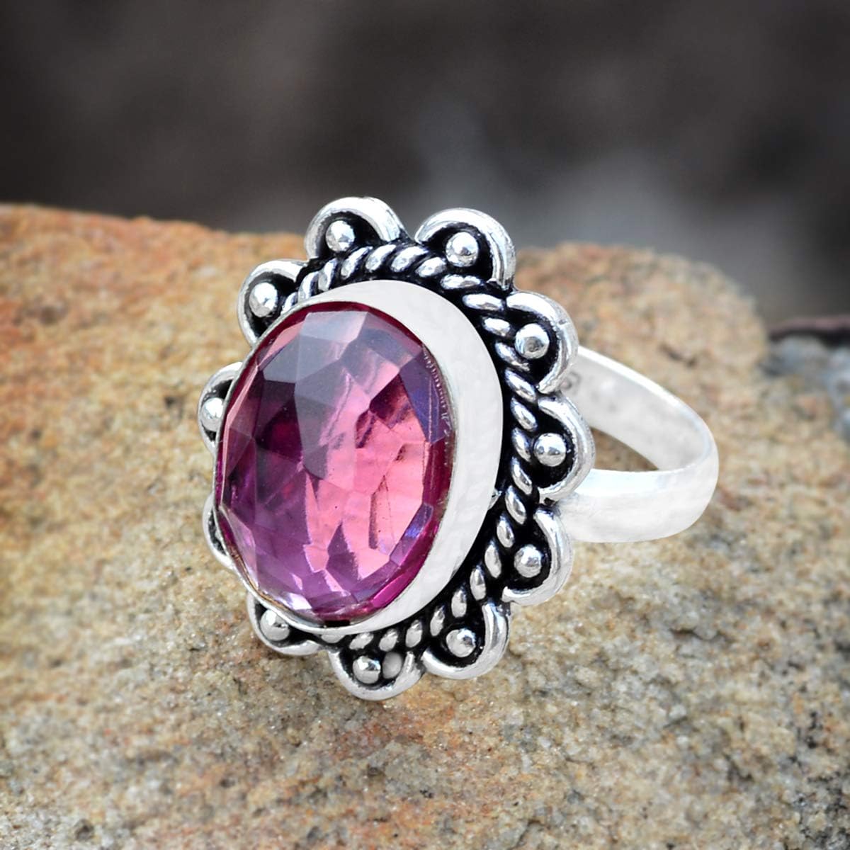 Silvesto India Bazel-Setting- 925 Silver Plated- Oval Handmade Jewelry Manufacturer Purple Quartz- Ring Sz 10.5