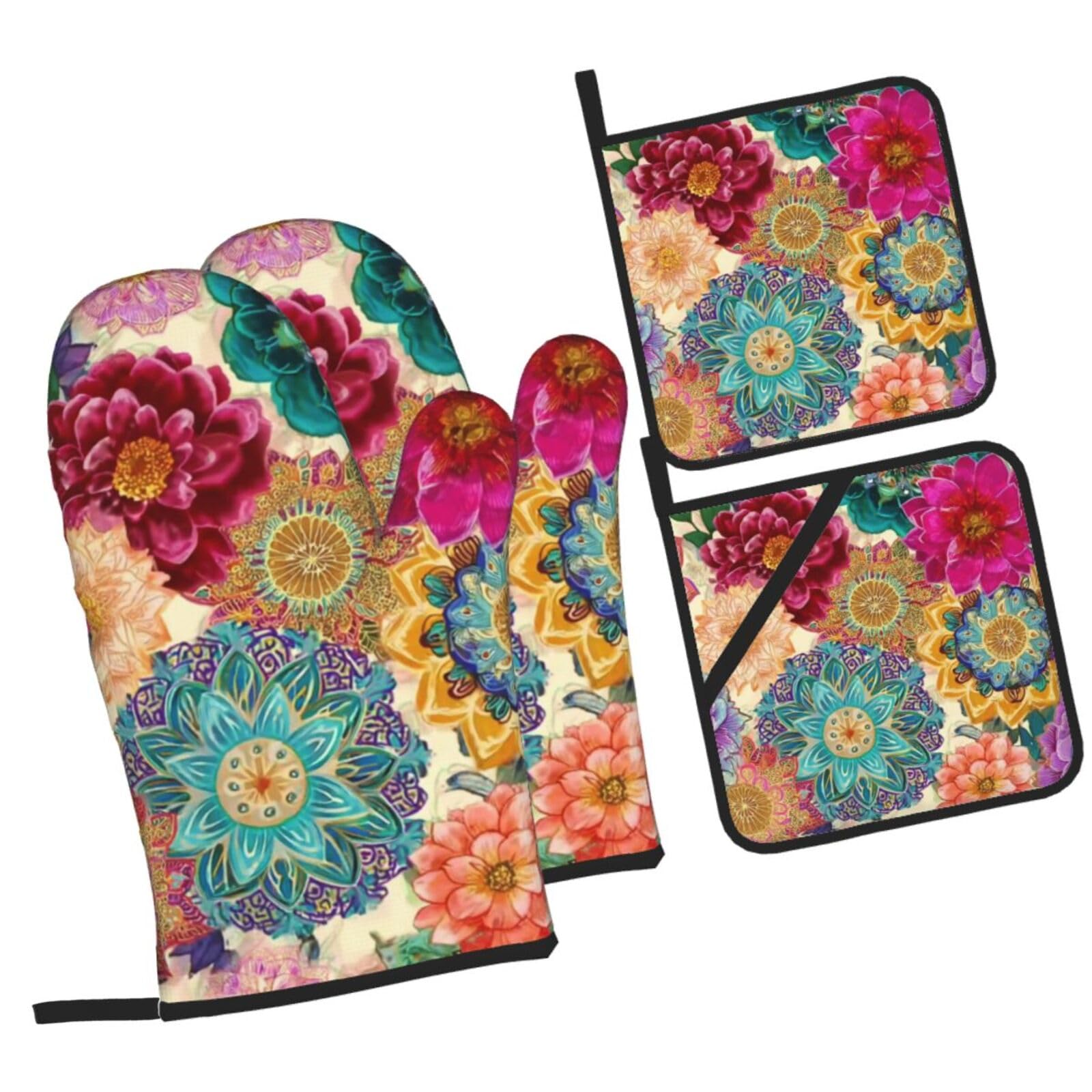 Juego de 4 manoplas de horno y soportes para ollas, estilo bohemio, coloridas, resistentes al calor, antideslizantes, para cocinar, asar a la parrilla, manoplas de barbacoa