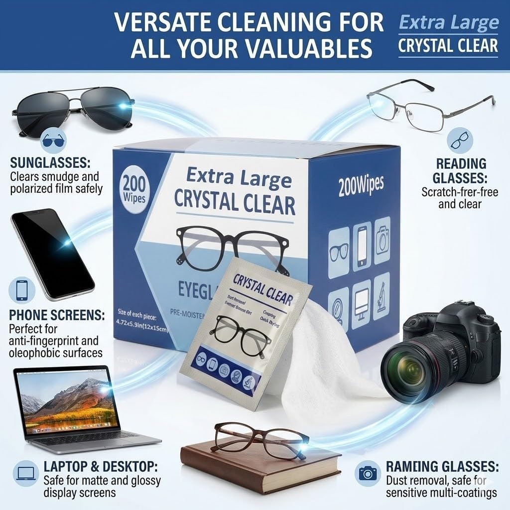 Eyeglass Wipes – 200 Count Bulk Pack – Large Size (4.72" x 5.9") – Fresh Ocean Scent – Pre-Moistened Lens Cleaning Wipes for Glasses, Sunglasses, Cameras & Screens – Streak-Free
