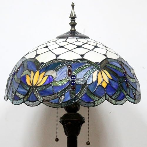 Miniatura 6 de WERFACTORY Tiffany - Lámpara de pie con diseño de loto azul, flor de cristal, luz de lectura de pie de 16 x 16 x 64 pulgadas, lámpara de esquina de
