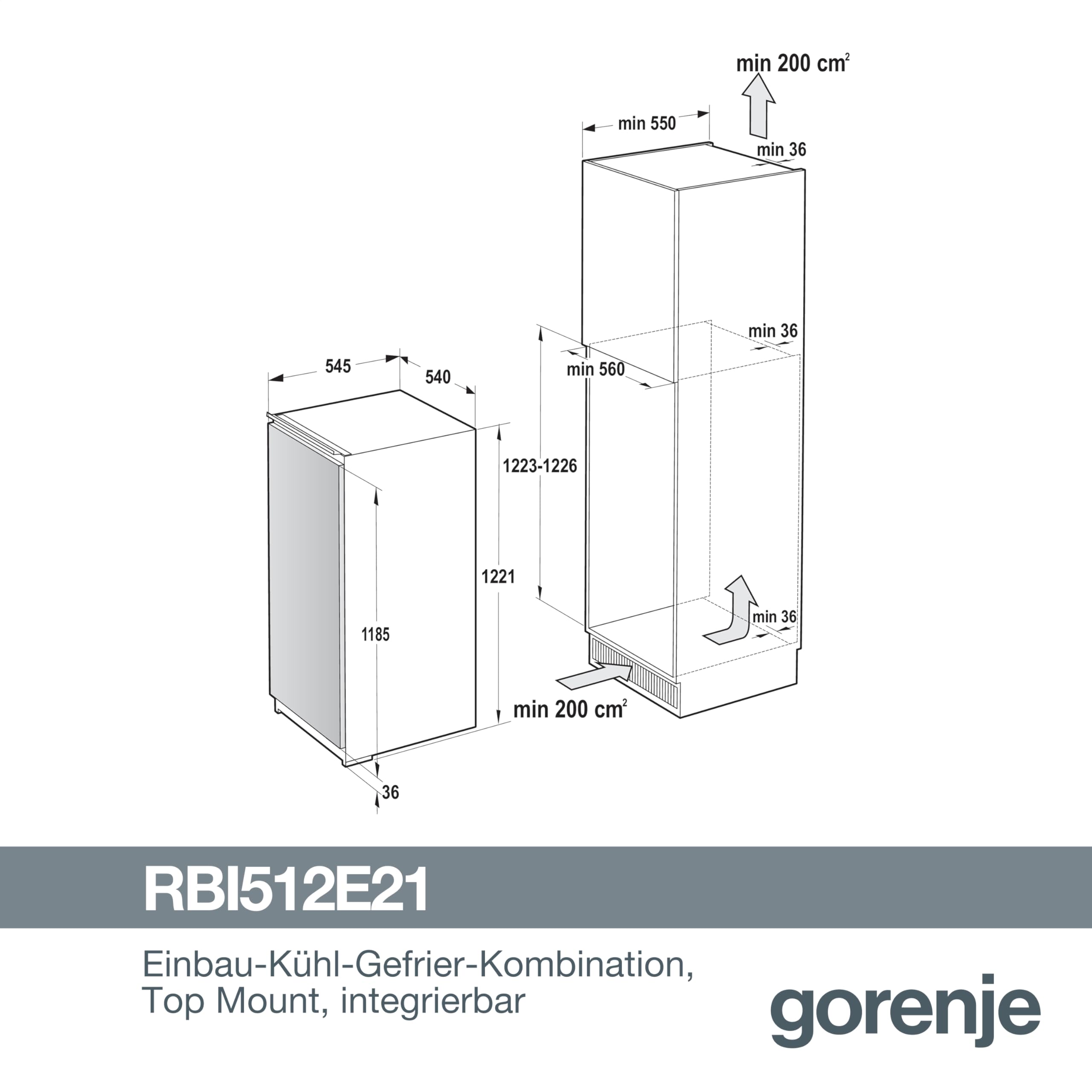 Gorenje RBI512E21 EinbauTischkühlschrank mit Gefrierfach, 122cm Nische, Schlepptürscharnier, 179L(163L plus 16L), Inverter, CrispZone, Türalarm, LED Licht, BxHxT: 54×122,1×54,5 cm, Weiß