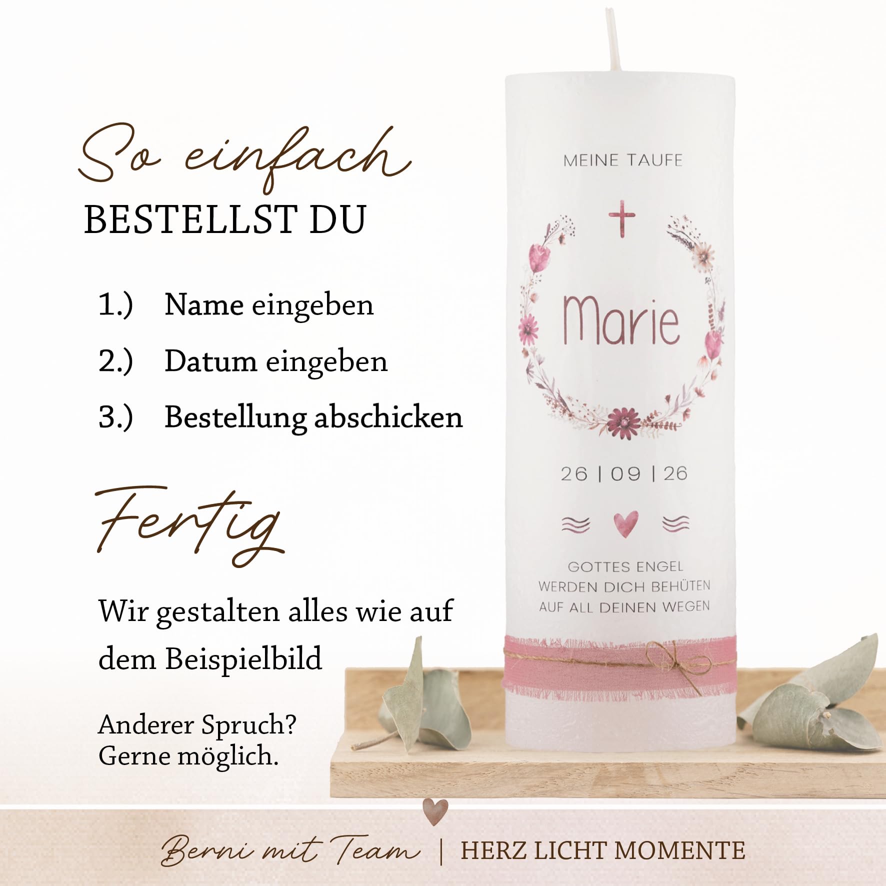 Personalisierte Taufkerze mit Name & Datum | Rustikkerze 7x20 cm | Geschenk zur Taufe Mädchen Junge | Individuelle Kerze mit Spruch | Kranz Motiv (Brombeer)