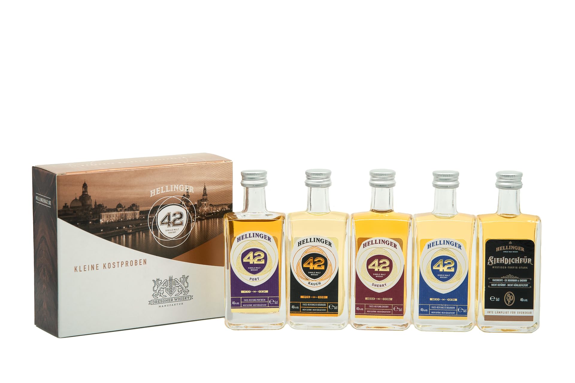 HELLINGER 42 5 Probiergrößen Sächsischer Single Malt Whisky - 46% Vol. Alkohol 5x 5cl – Set enthält Hellinger 42 Original, Rauch, Sherry, Port & Siehdichfür zum Probieren – Dresdner Whisky Manufaktur