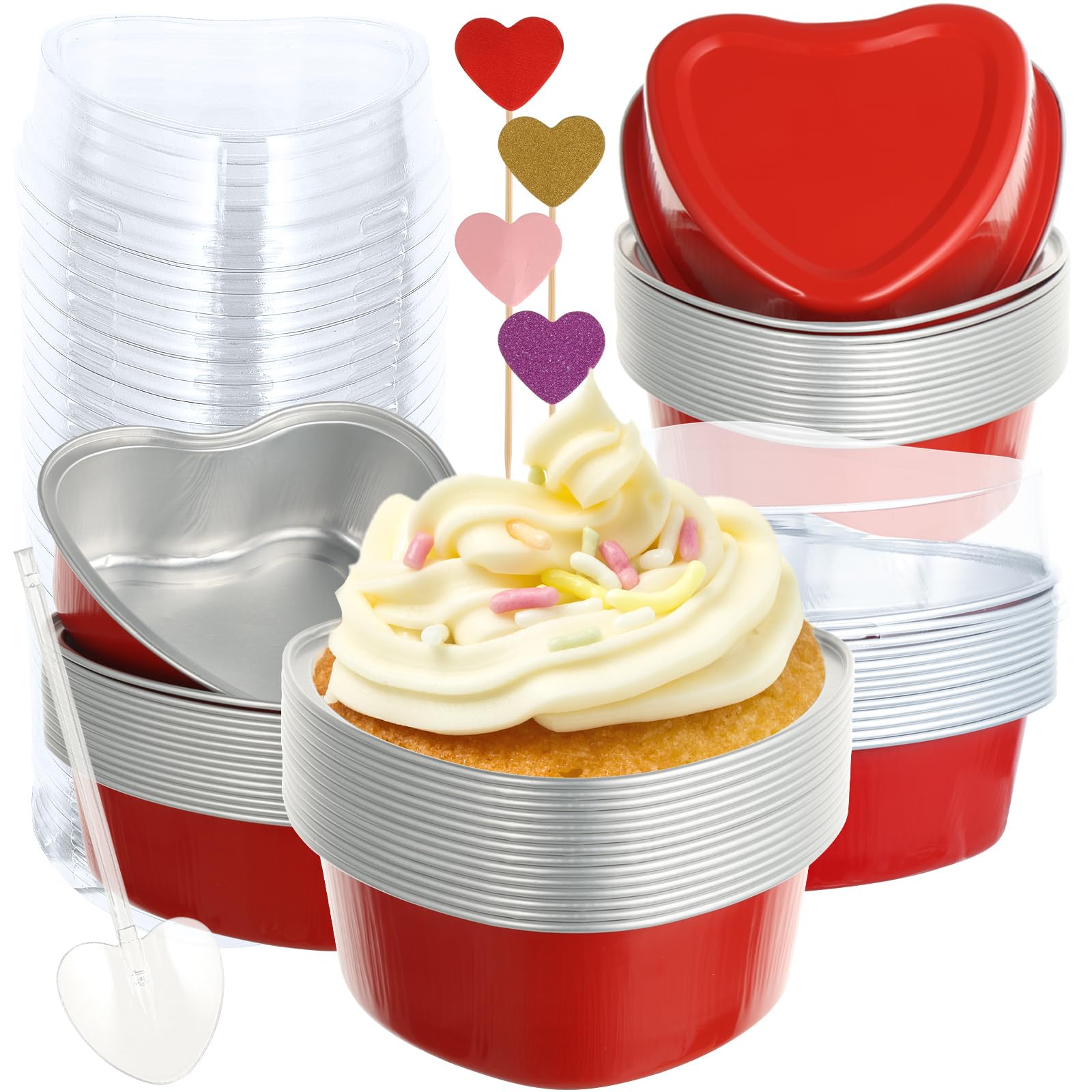 CIEOVO Heart Shaped Cake Pans Set, 50 Pack Mini Disposable Aluminum Foil Cupcake Liners with Lids and Spoons Heart Cupcake Toppers Baking Dessert Baking Pans for Valentine Wedding Party Supplies