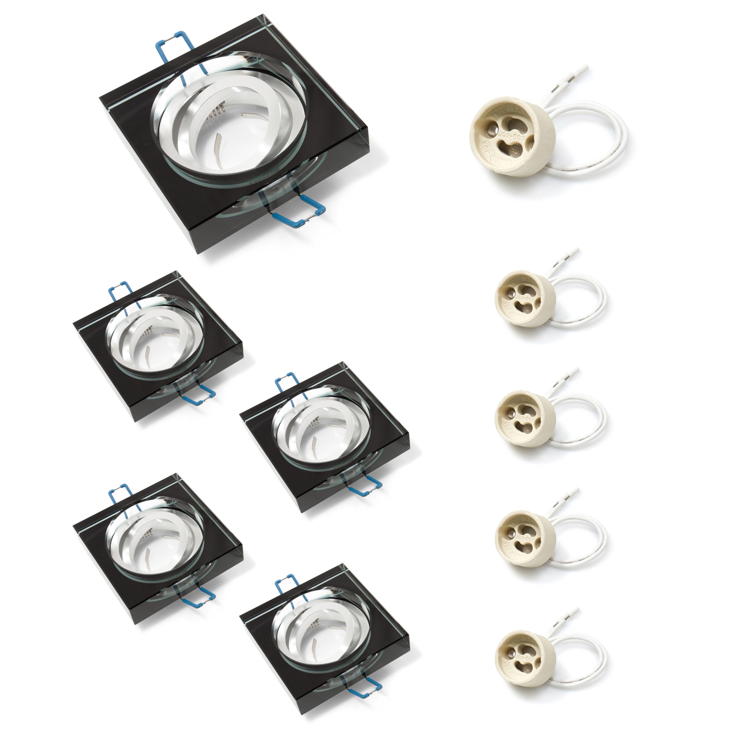 Einbaustrahler Einbauleuchte Oh Tami Set - 230 V~50 Hz - 5x LED Glaseinbauleuchte 11x11x 4 cm + 5x GU10 Fassung 3x3x3 cm - Quadratisch - Beweglich - Schwarz