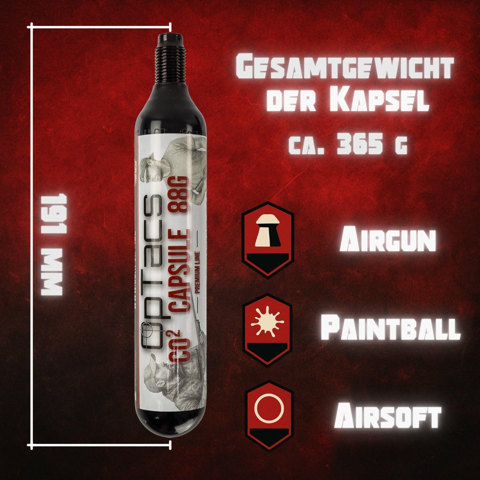 OpTacs 88g CO2 Kapsel 10er Set – CO₂-Kartusche für Luftdruckwaffen, Airsoft, Paintball – Gewinde M16x1,5 – langanhaltend & präzise