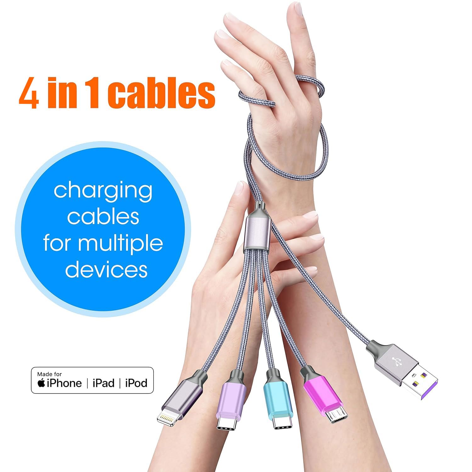 Cavo di ricarica multiplo da 1,2 m, cavo di ricarica 4 in 1, cavo di ricarica in nylon intrecciato Lightning per iPhone, cavo universale per telefono con tipo C, micro USB, porta IP per
