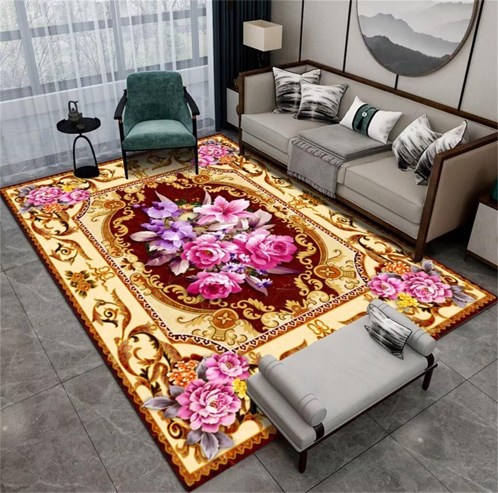 Grand tapis sol salon en vinyle rose et jaune de taille 250x300cm