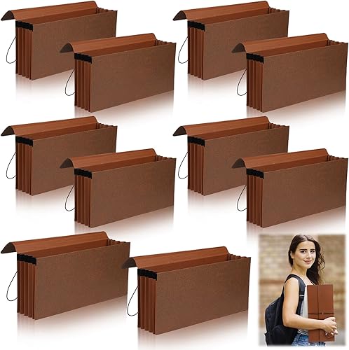 Cartera de archivos expandible resistente de 3.5 pulgadas, bolsillo expandible marrón con cierre de cordón elástico y tapa, 12.9 x 5.9 pulgadas para