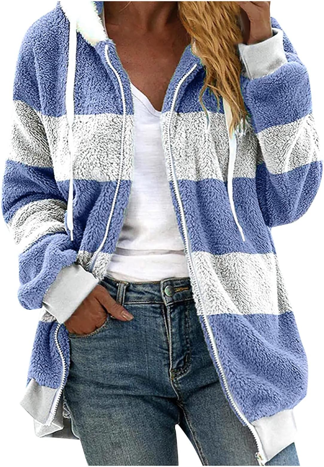 GenericWomen's Jackets Loose Large Size Coat Plush Multicolor Paneled Hooded Zip Jacket Fall 2023, S-5XL
