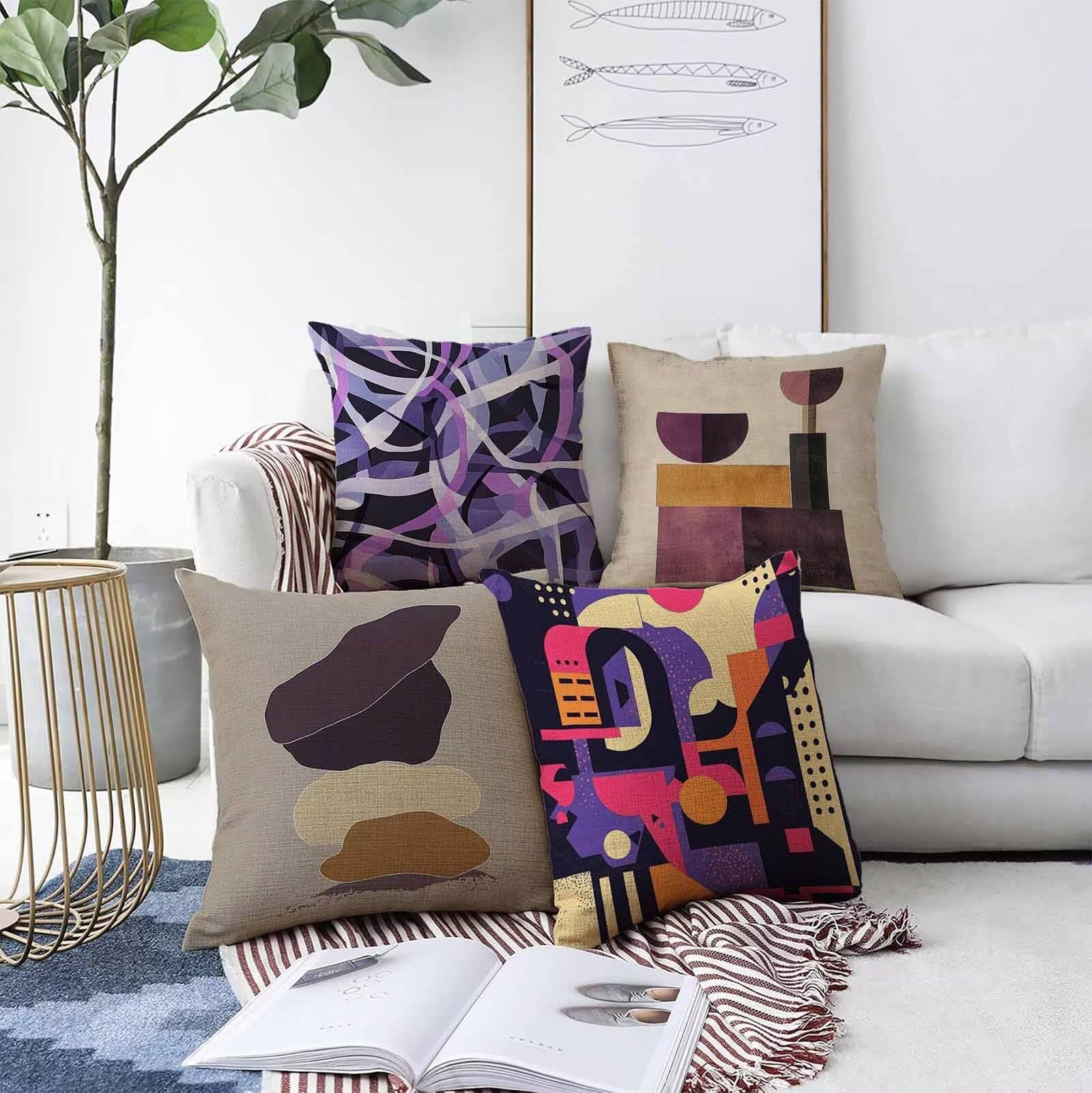 Jaune Housse Coussin 65 x 65 cm Abstrait Conception de Motifs Lin Matériel Coussin Canape Lot de 4, avec Fermeture Eclair Caché Exterieur Impermeable pour Lit Chambre Canapé Decoration PjY9638 F-3