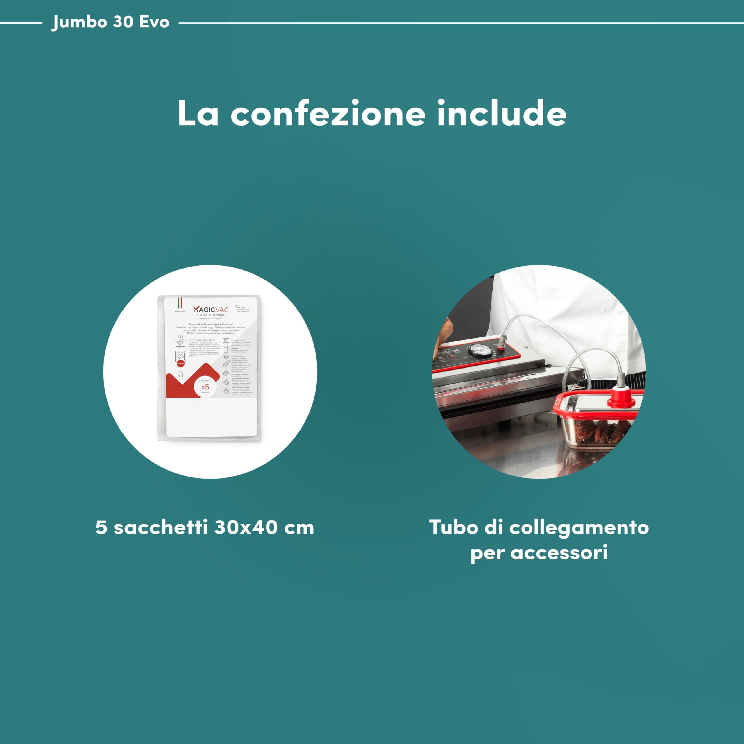 Magic Vac, Jumbo 30 Evo, Macchina Sottovuoto Alimenti Professionale Heavy Duty in Acciaio Inox, Ideale per Sacchetti Sottovuoto, Contenitori e Marinatura, Tecnologia Brevettata, Made in Italy