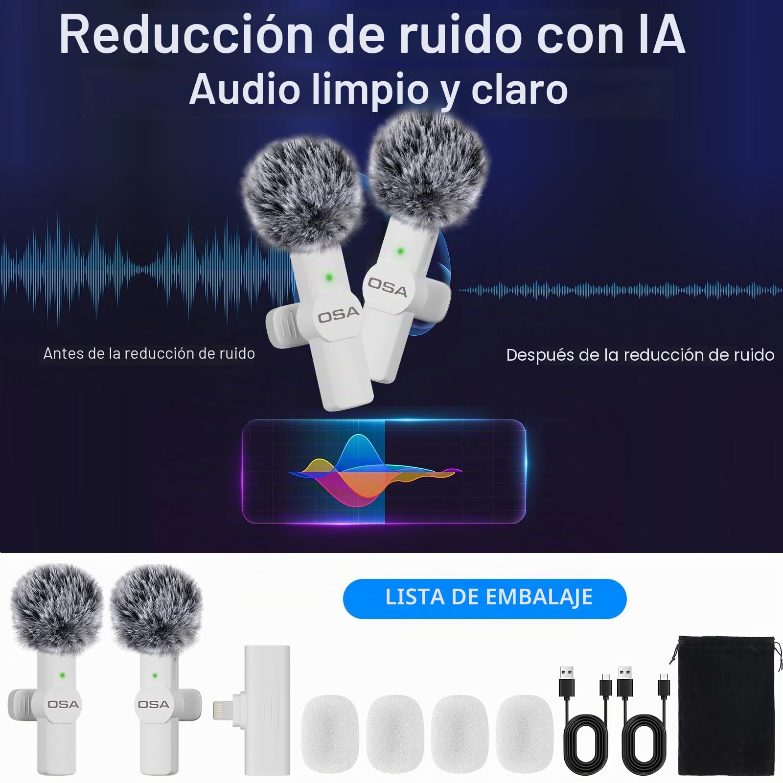 OSA Lavalier Micrófono móvil inalámbrico para grabación de Video de iPhone, micrófono inalámbrico para Youtube/entrevista/Vlog, para iPhone de grabación inalámbrica, Paquete de 2
