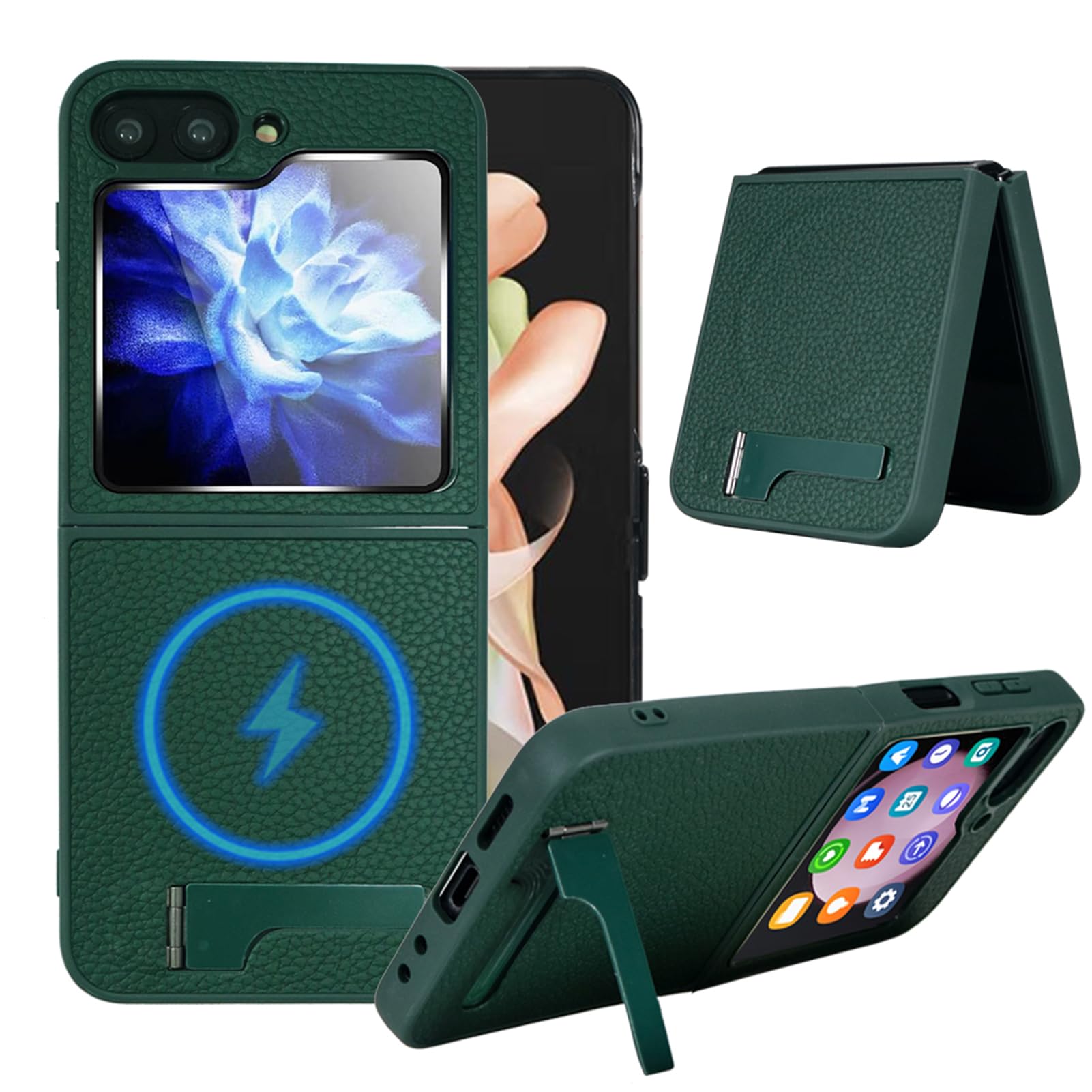 Vitodo Strong Magnetic for Galaxy Z Flip 6 Case Compatible with MagSafe, Built in 3-Way Kickstand Luxury Genuine Leather Shockproof Protection Phone Cover Light&Slim for Samsung Galaxy Z Flip6 (Green)