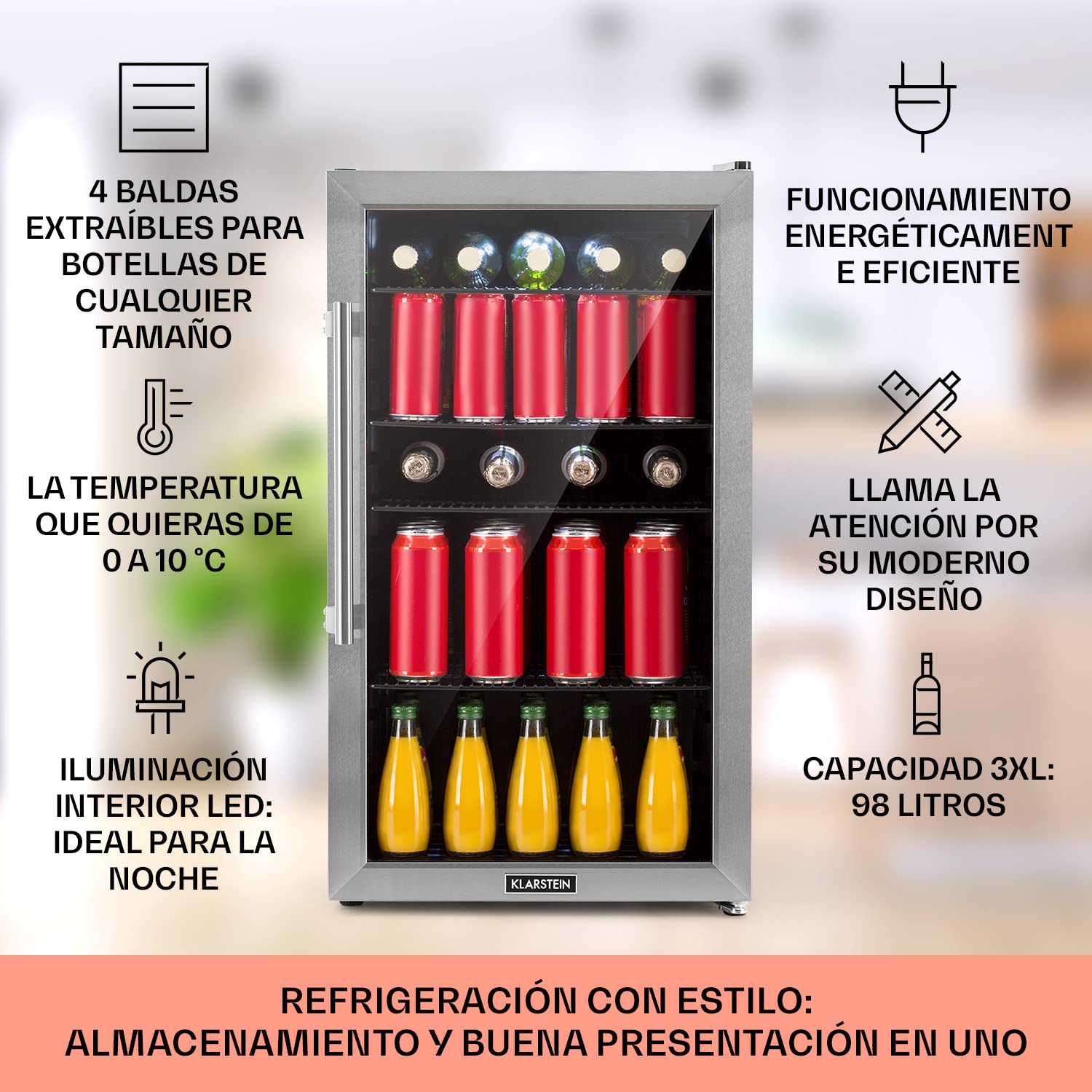 KLARSTEIN Nevera Pequeña Puerta Cristal Habitaciones, Nevera Portatil Electrica, Mini Nevera Pequeña para Bebidas, Frigorificos Pequeños 98L, Mini Frigorifico con Estantes, Neveras Pequeñas