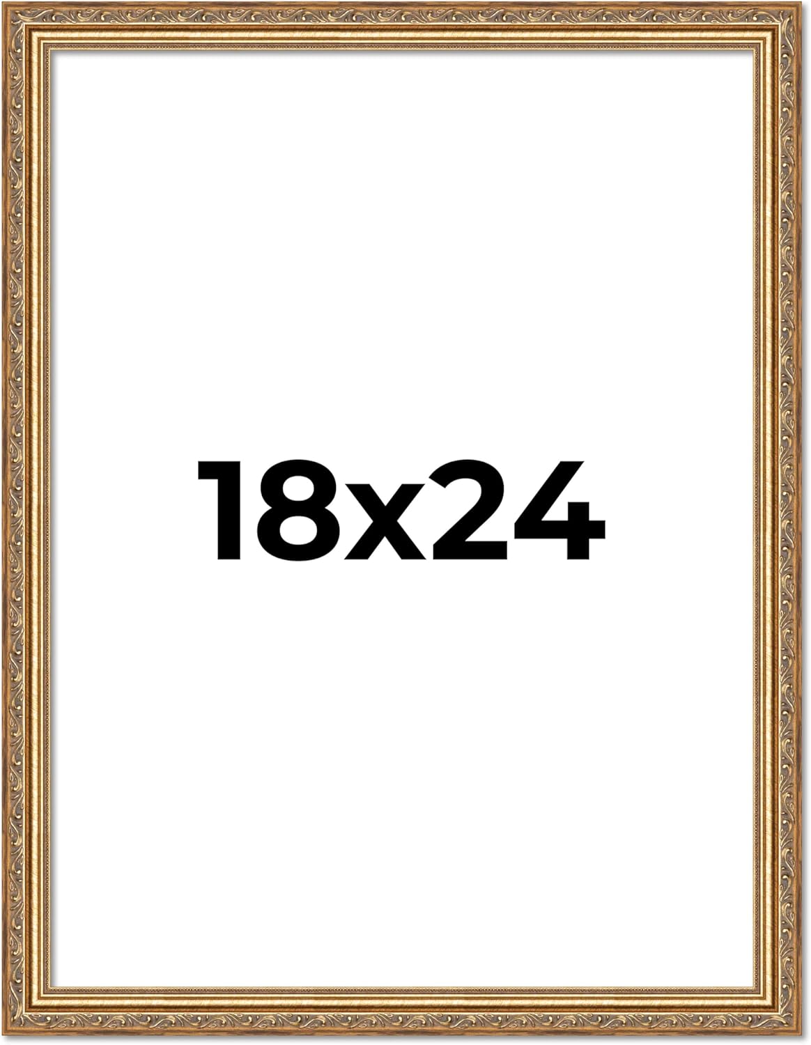 18x24 Frame Gold Solid Wood Picture Frame Width 1.25 Inches | Interior Frame Depth 0.375 Inches | Warwick Metallic Photo Frame Complete with UV Acrylic, Foam Board Backing & Hanging Hardware