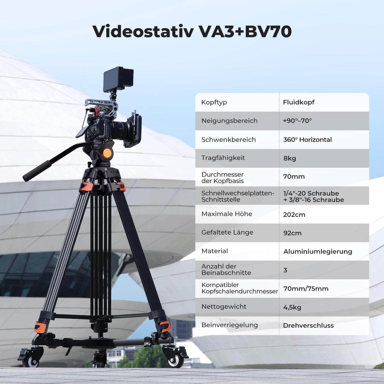 K&F CONCEPT Schwarz-Orange Aluminium 202cm Videostativ | Heavy Duty Tripod Stativ, Fluidkopf, Schnellwechselplatte, Tragkraft 8kg für DSLR, Camcorder, Kameras VA3+BV70