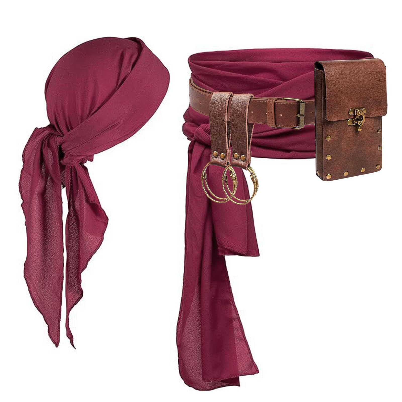 KOTORA Pirate Costume Pirate Head Scarf Bandanas Belt Waist Sash Medieval Belt Pouch Coin Purse Leather Hook Festival Sets (Brown 01-Clacssic) — image 1