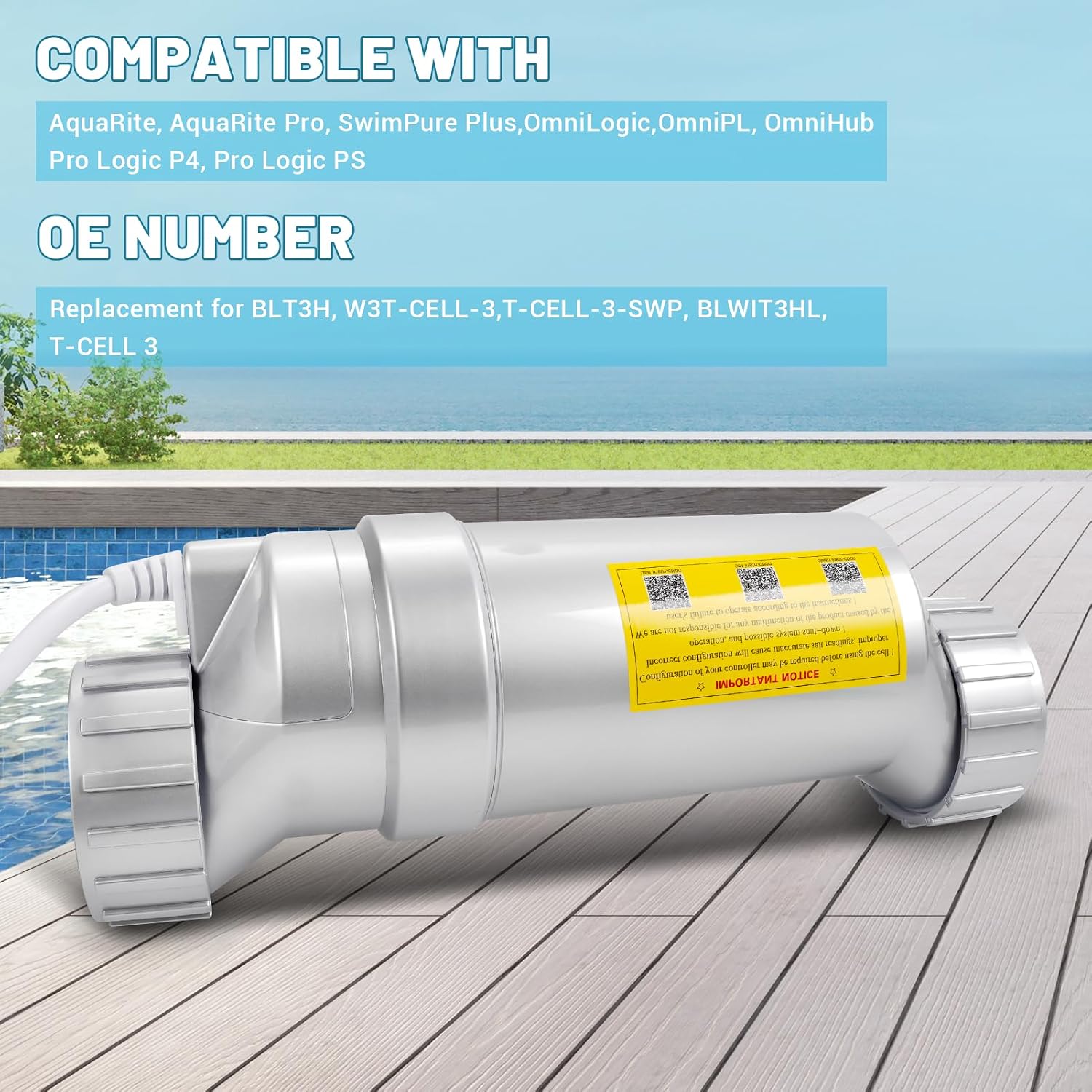 Salt Cell T-3 Upgrade Replacement Fit for Hayward W3T-Cell-3 BL1T3H AquaRite AquaTrol & More, Up to 15,000 Gallons Pool Salt Turbo Cell Chlorinator Generator