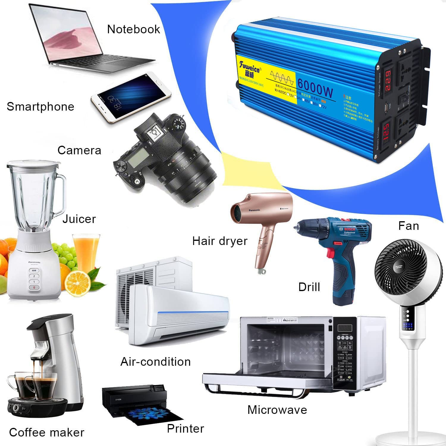 Falownik sinusoidalny 3000 W, 4000 W, 5000 W, 6000 W, 8000 W, DC 12 V/24 V na AC 110 V/220 V, samochodowy falownik z wyświetlaczem LCD, 2 gniazdami i portem USB 2,1 A, pilot zdalnego sterowania, 6000