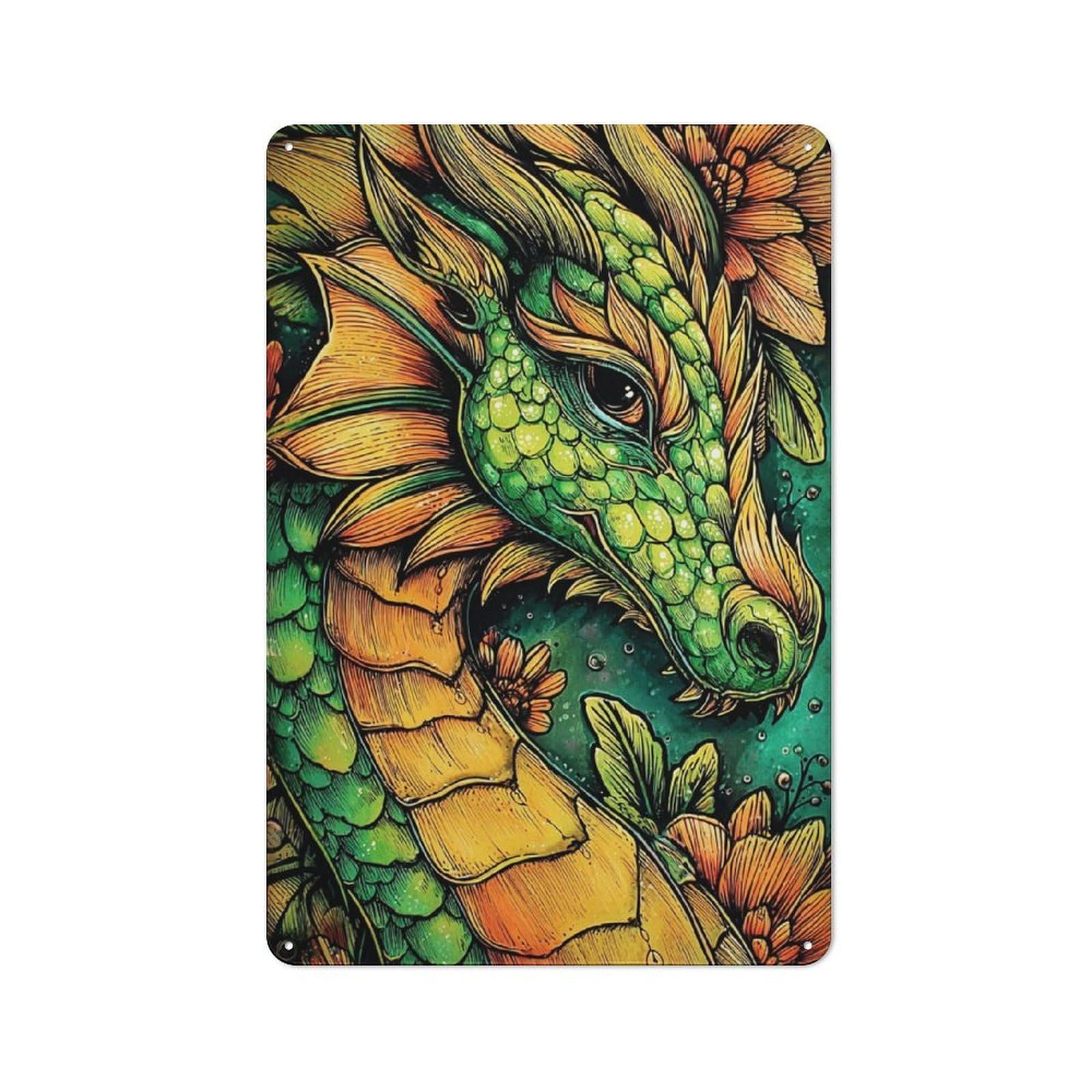 Junmoney Dragon's Floral Embrace -1 Tin Sign 30X20cm With For Workshop Wall, Vintage Decor, For Metal Sign Collectors, For Garage And Workshop Walls